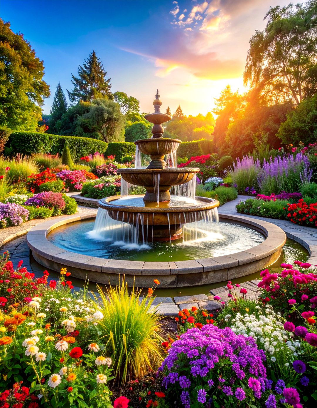 Tiered Stone Fountain with Surrounding Garden Beds - 25 Garden Centerpiece Ideas