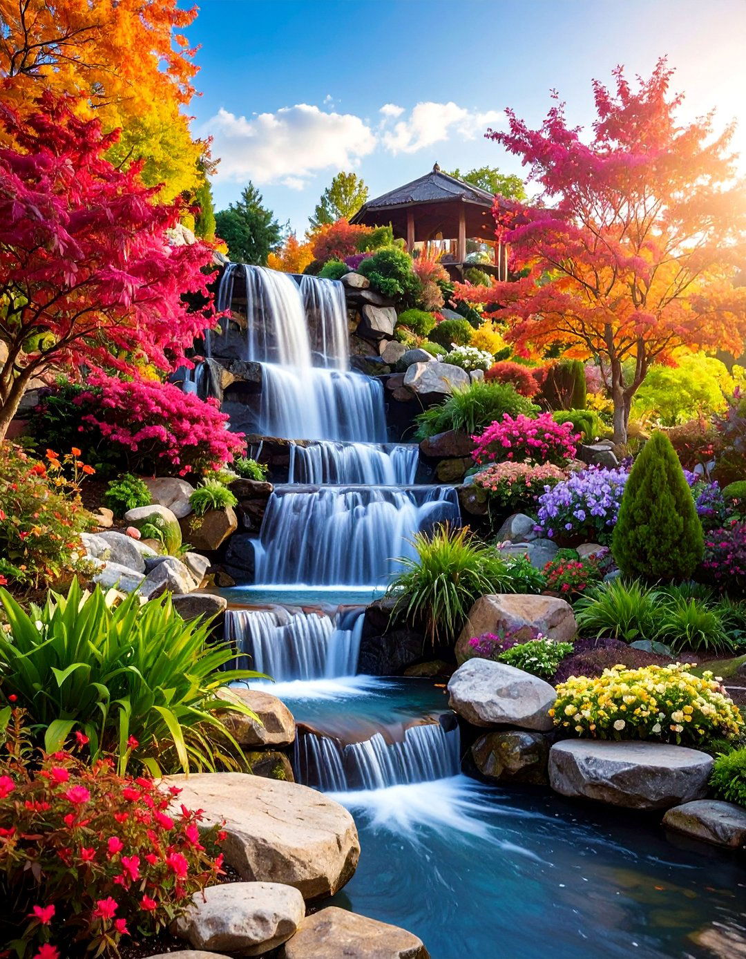 Tiered Stone Waterfall with Multiple Levels - 25 Small Pond Ideas With Waterfalls