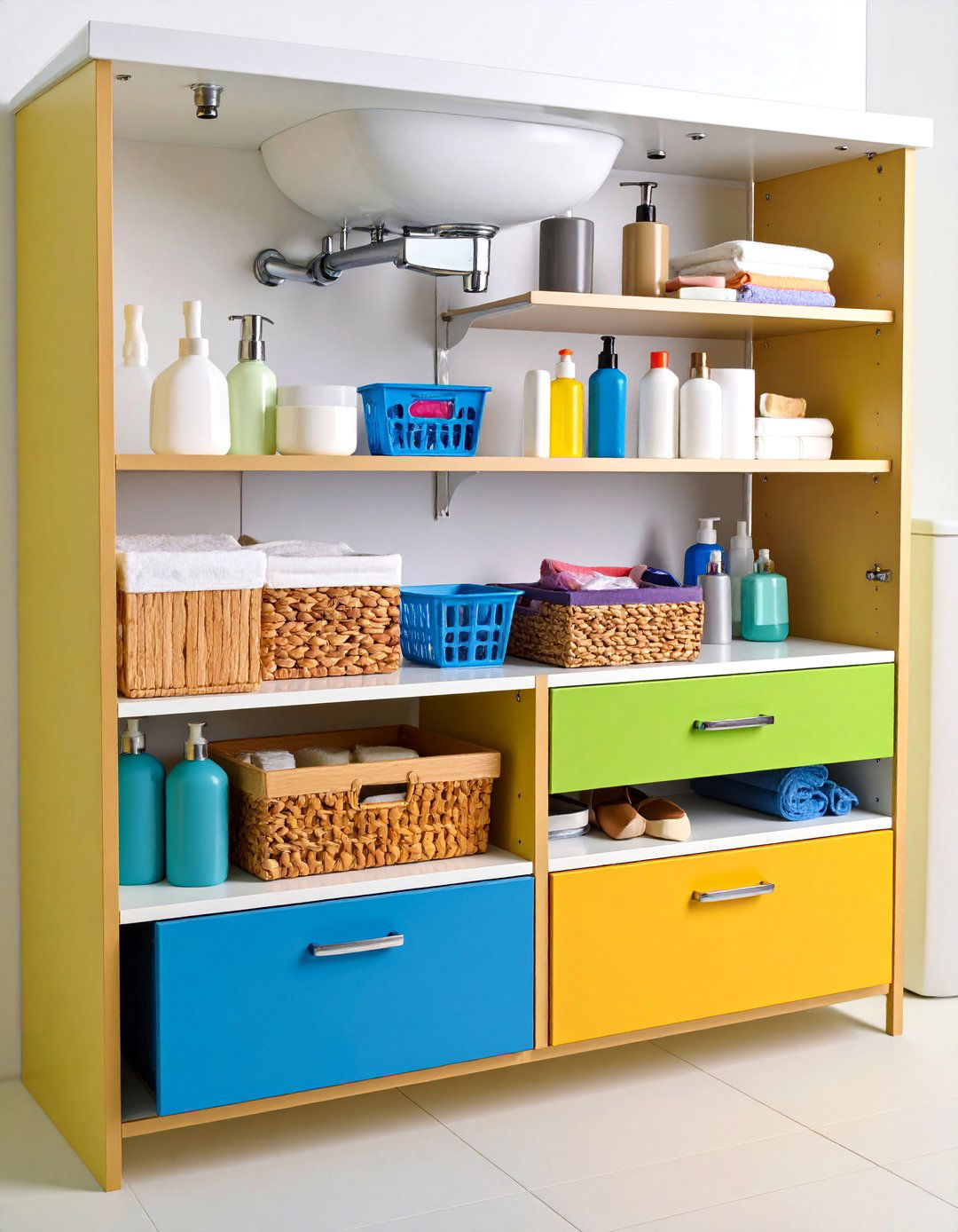 Tiered Under Sink Pull Out System with Height Adjustable Shelving - 25 Bathroom Cabinet Organization Ideas