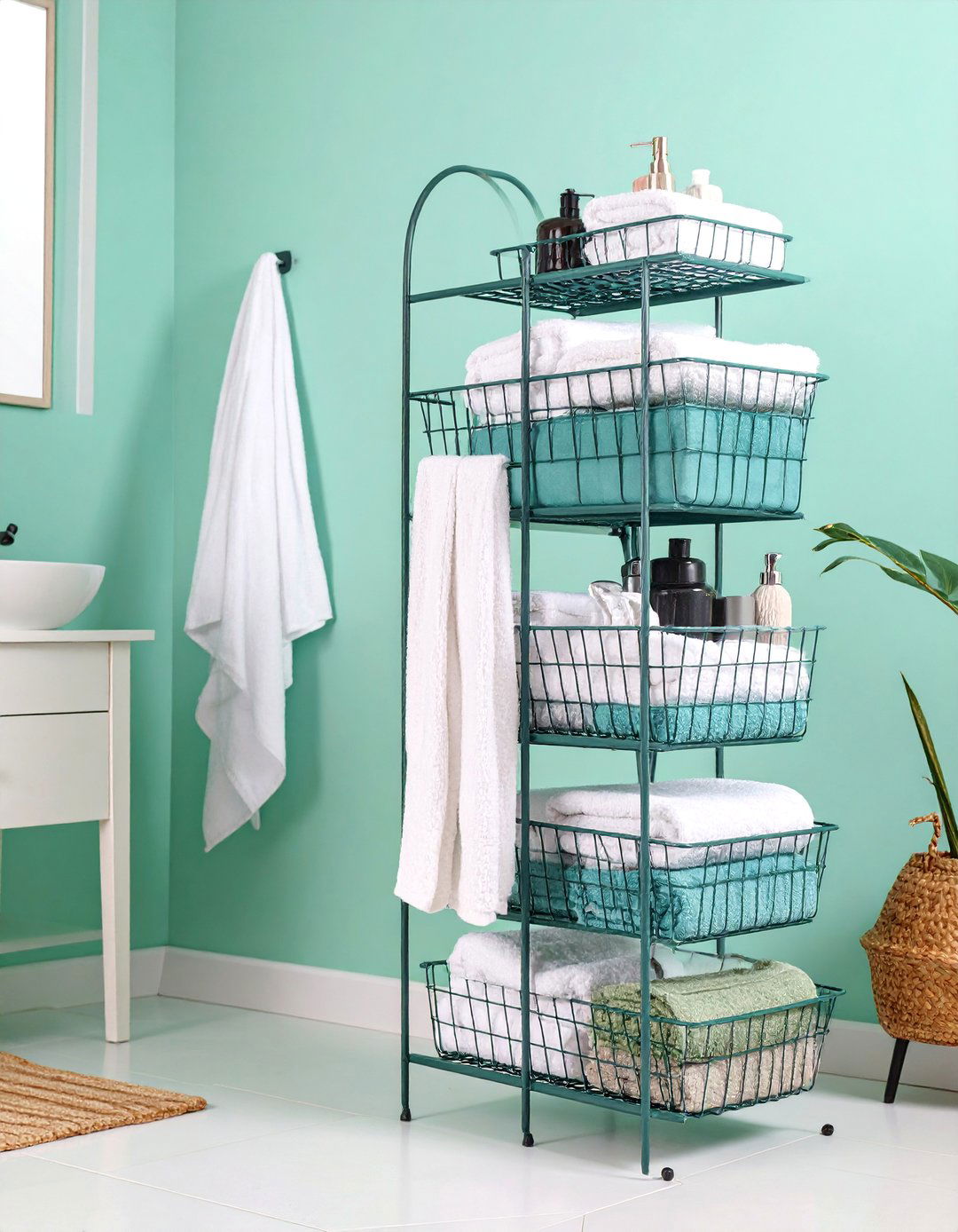 Tiered Wire Basket Tower - 25 Small Bathroom Shelving Ideas