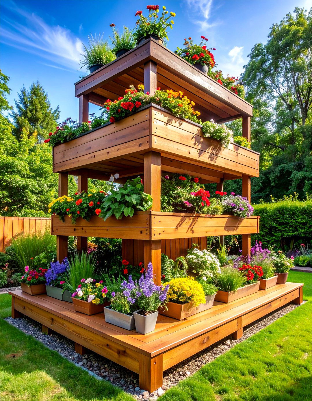 Tiered Wood Garden Deck with Planters - 25 Wood Deck Ideas