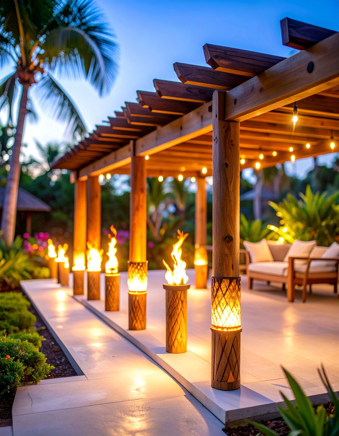 Tiki Torch Perimeter Lighting - 25 Pergola Lighting Ideas