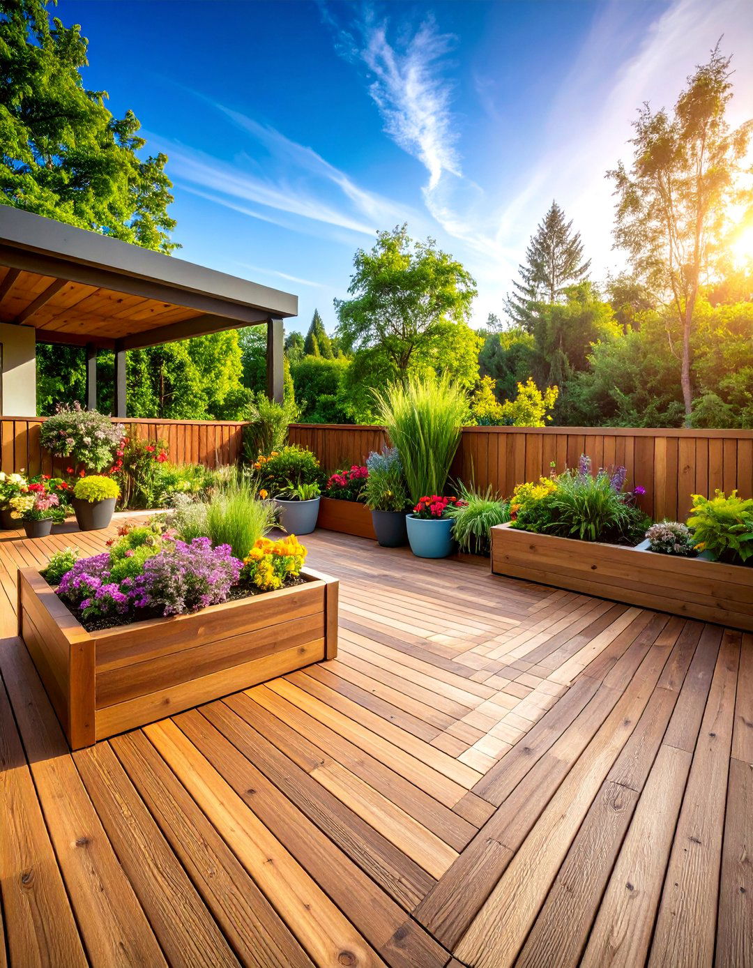 Timber Deck with Built in Planters - 25 Hardscape Ideas