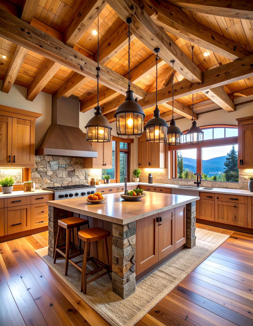 Timber Frame Mountain Kitchen with Massive Wood Beams - 25 Mountain House Kitchen Ideas
