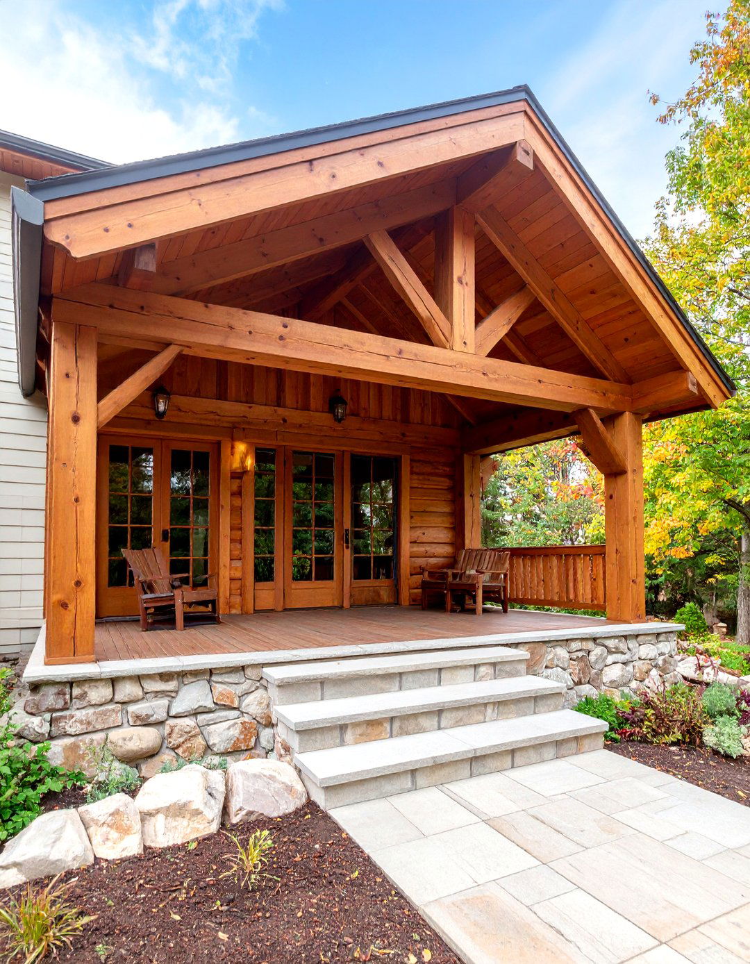 Timber Frame Open Gable Porch with Heavy Wood Construction - 25 Open Gable Porch Ideas