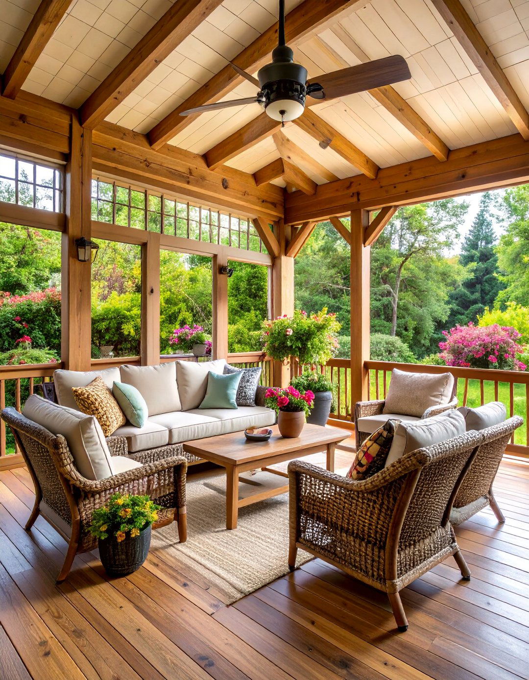 Timber Frame Screened Porch with Natural Wicker Furniture - 25 Cabin Decor Ideas