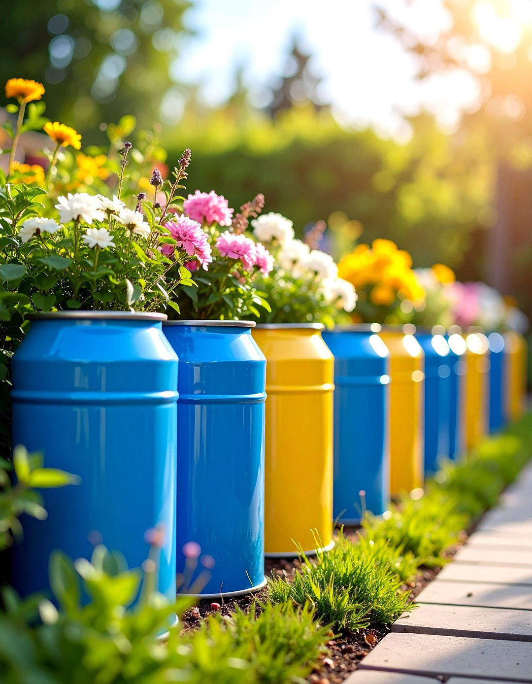Tin Can Planter Edging System - 25 Recycled Garden Edging Ideas