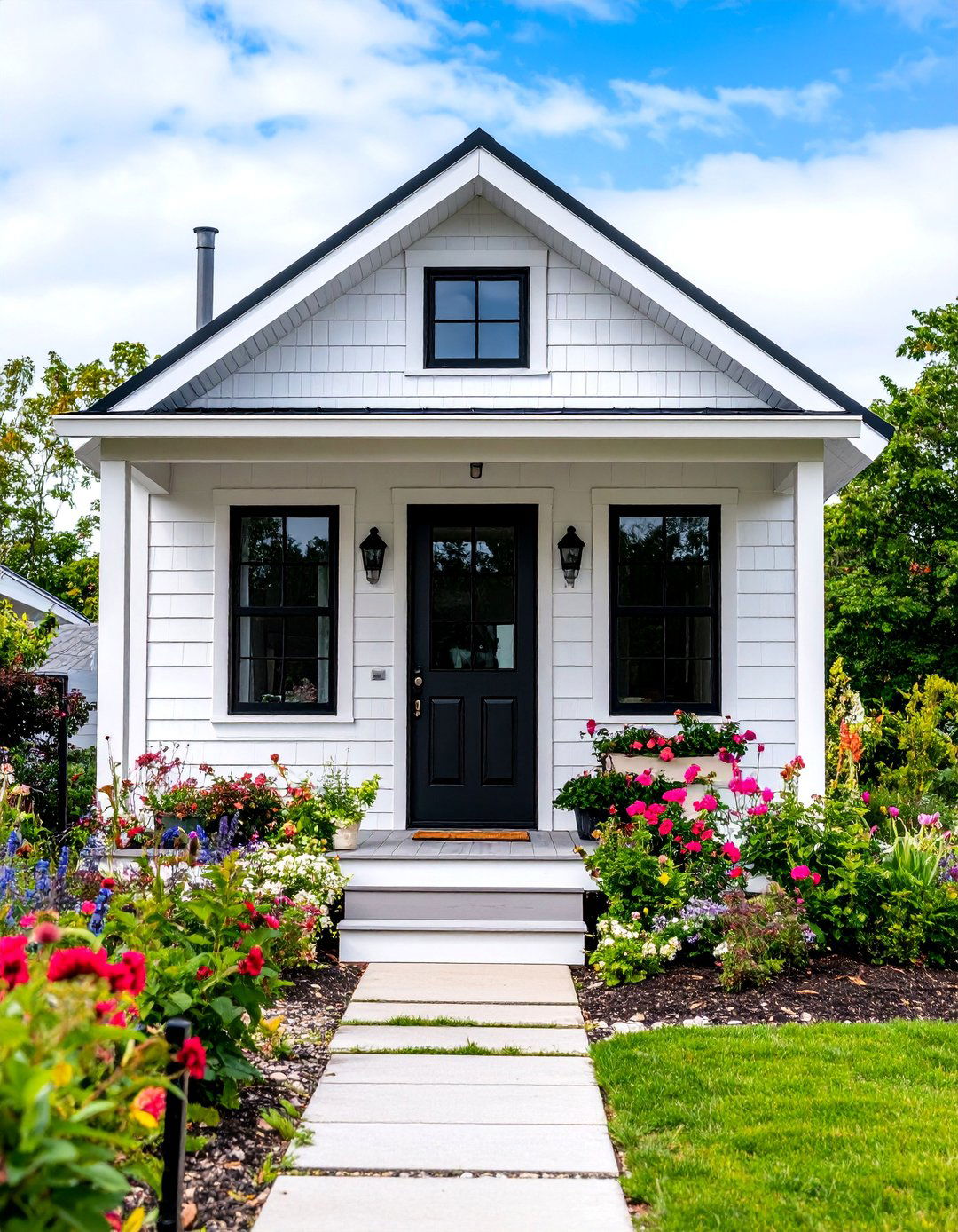 Tiny House White Cottage with Compact Black Door - 25 White House Ideas With Black Doors