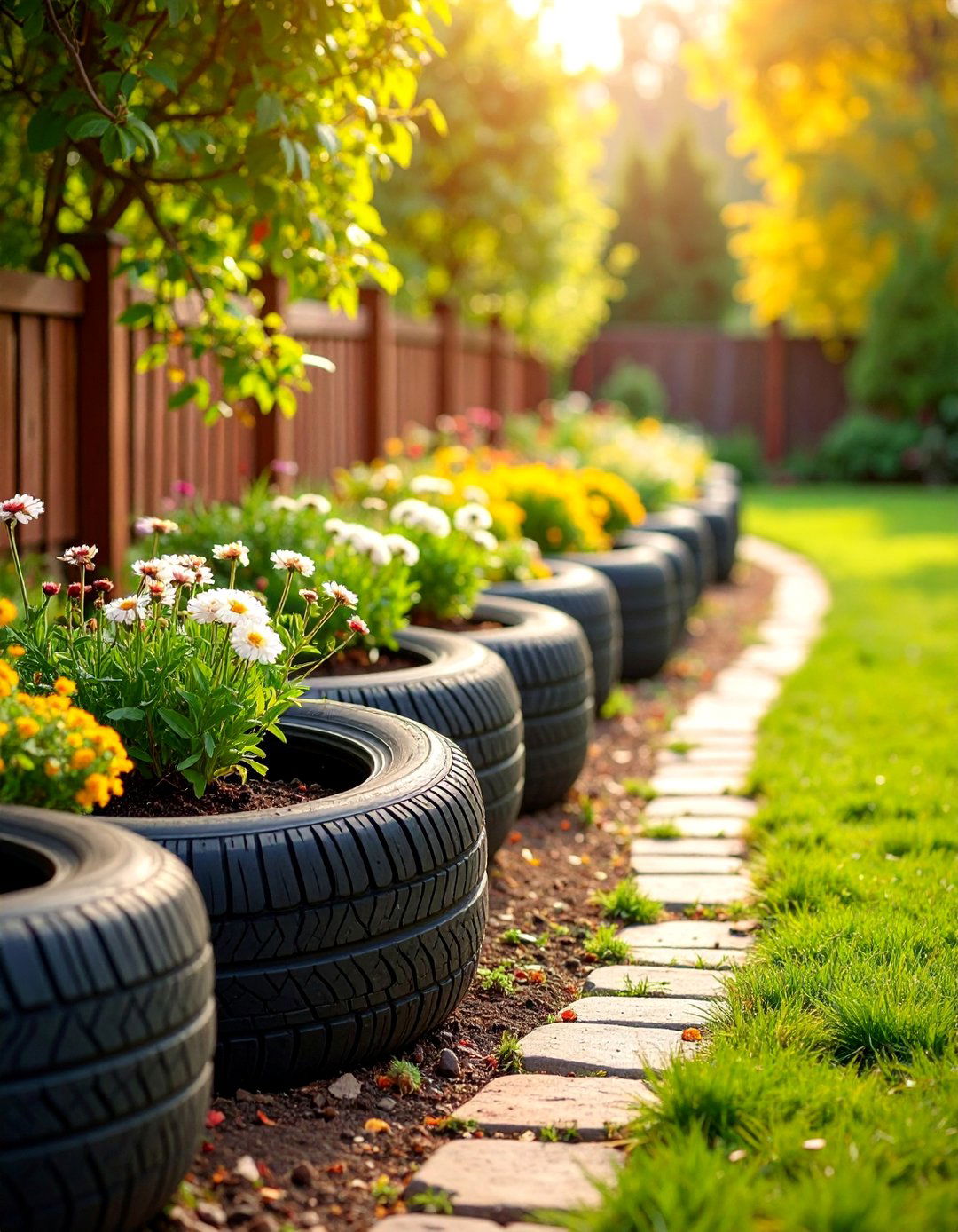 Tire Border Edging Systems - 25 Recycled Tyre Garden Art Ideas