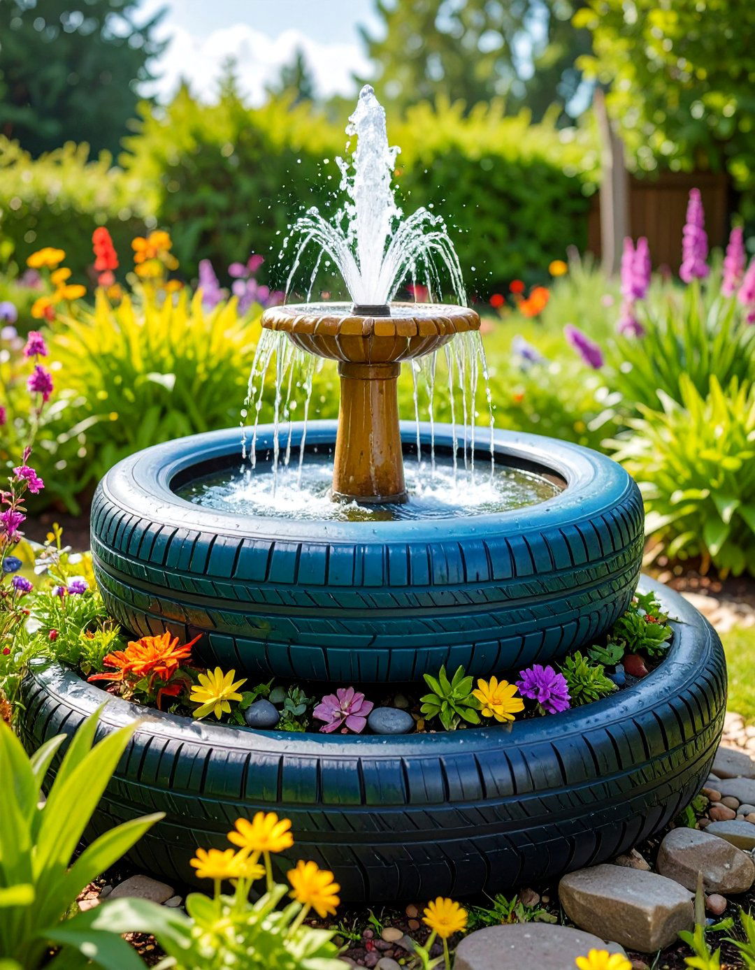 Tire Fountain Base Features - 25 Recycled Tyre Garden Art Ideas
