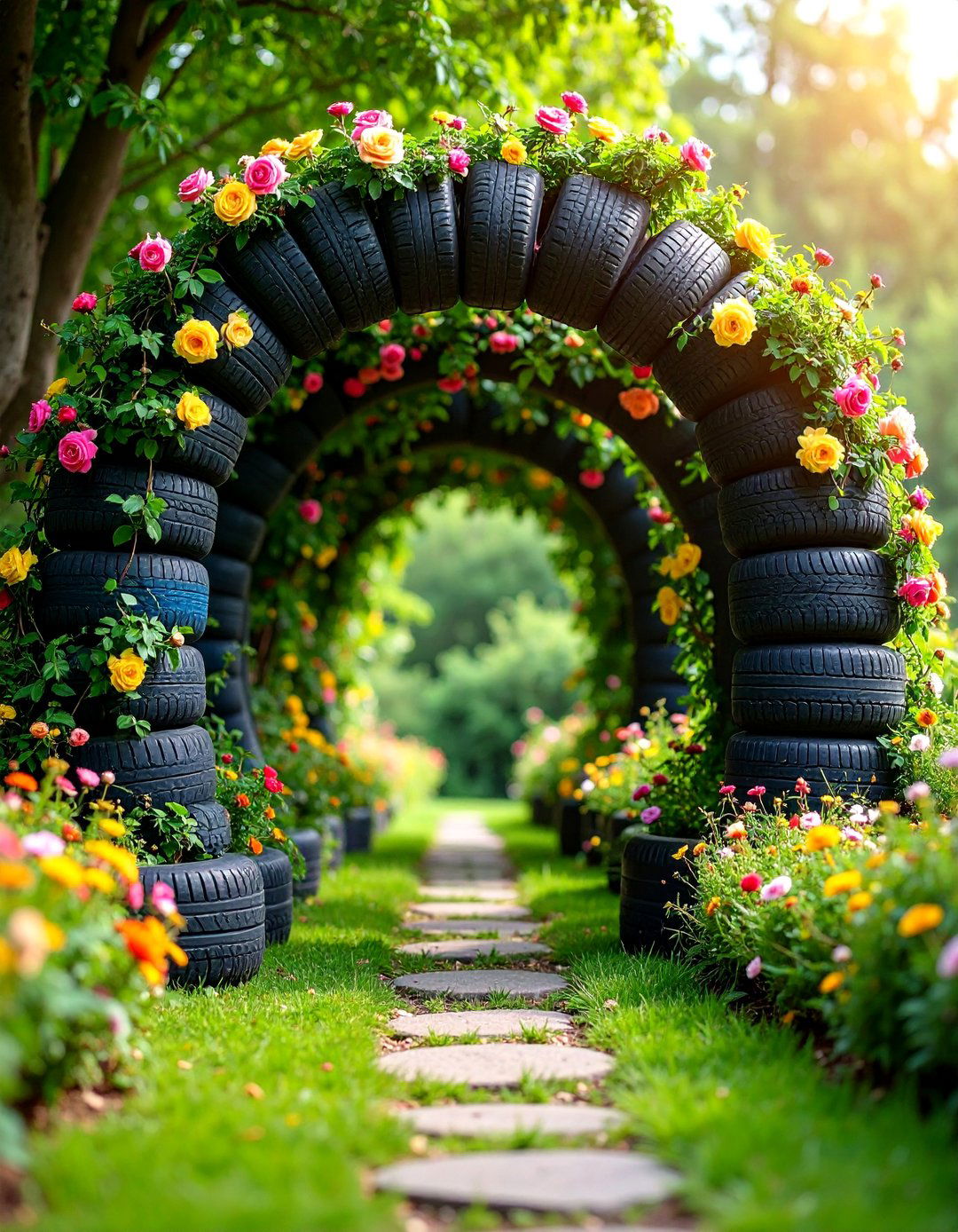 Tire Garden Archway Structures - 25 Recycled Tyre Garden Art Ideas