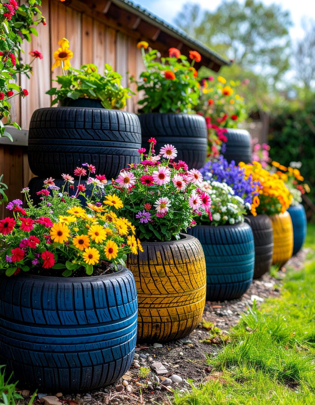 Tire Planter Garden Display Grouping - 25 Cheap Backyard Makeover Ideas