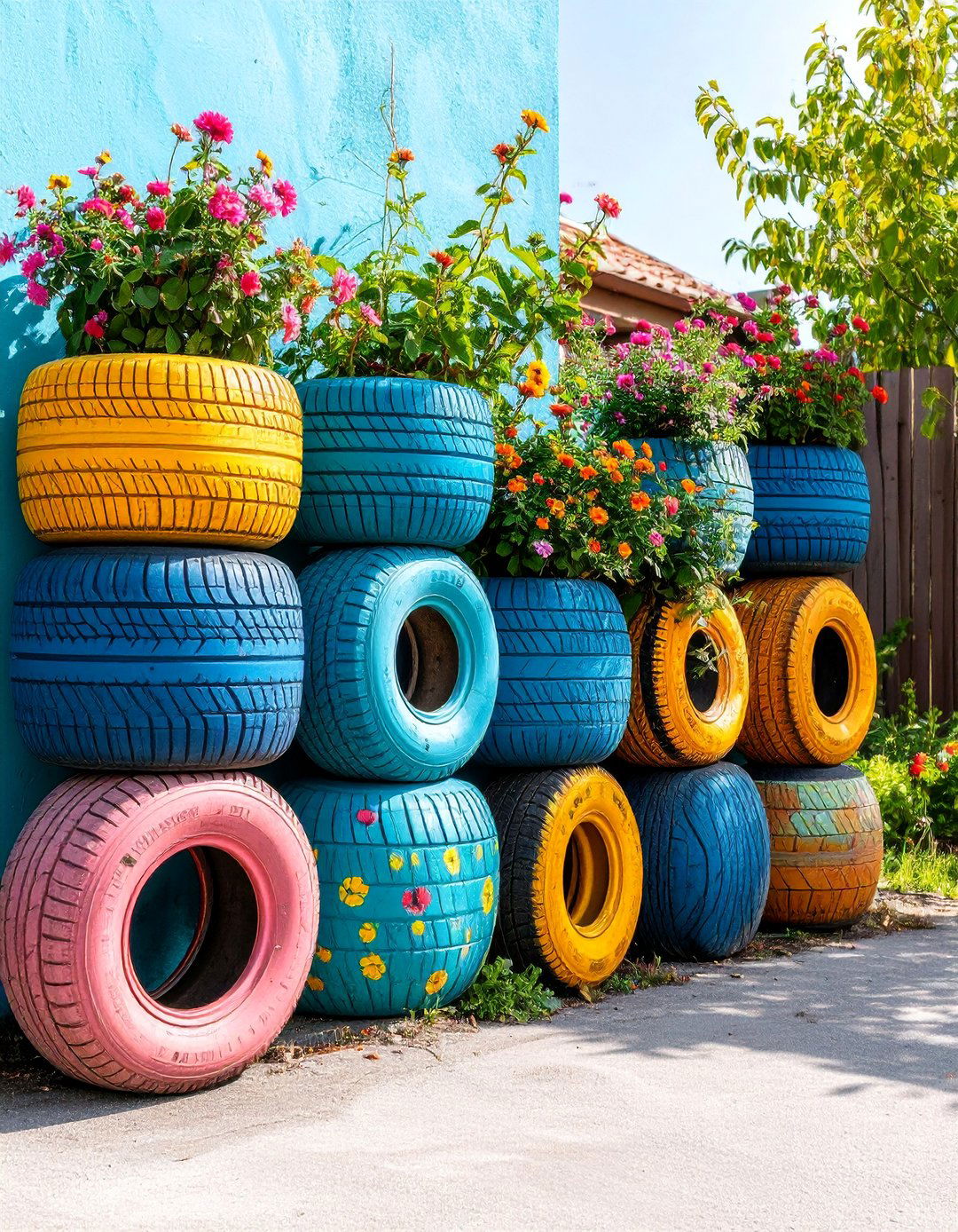 Tire Planter Garden with Artistic Paint Design - 25 Urban Garden Ideas