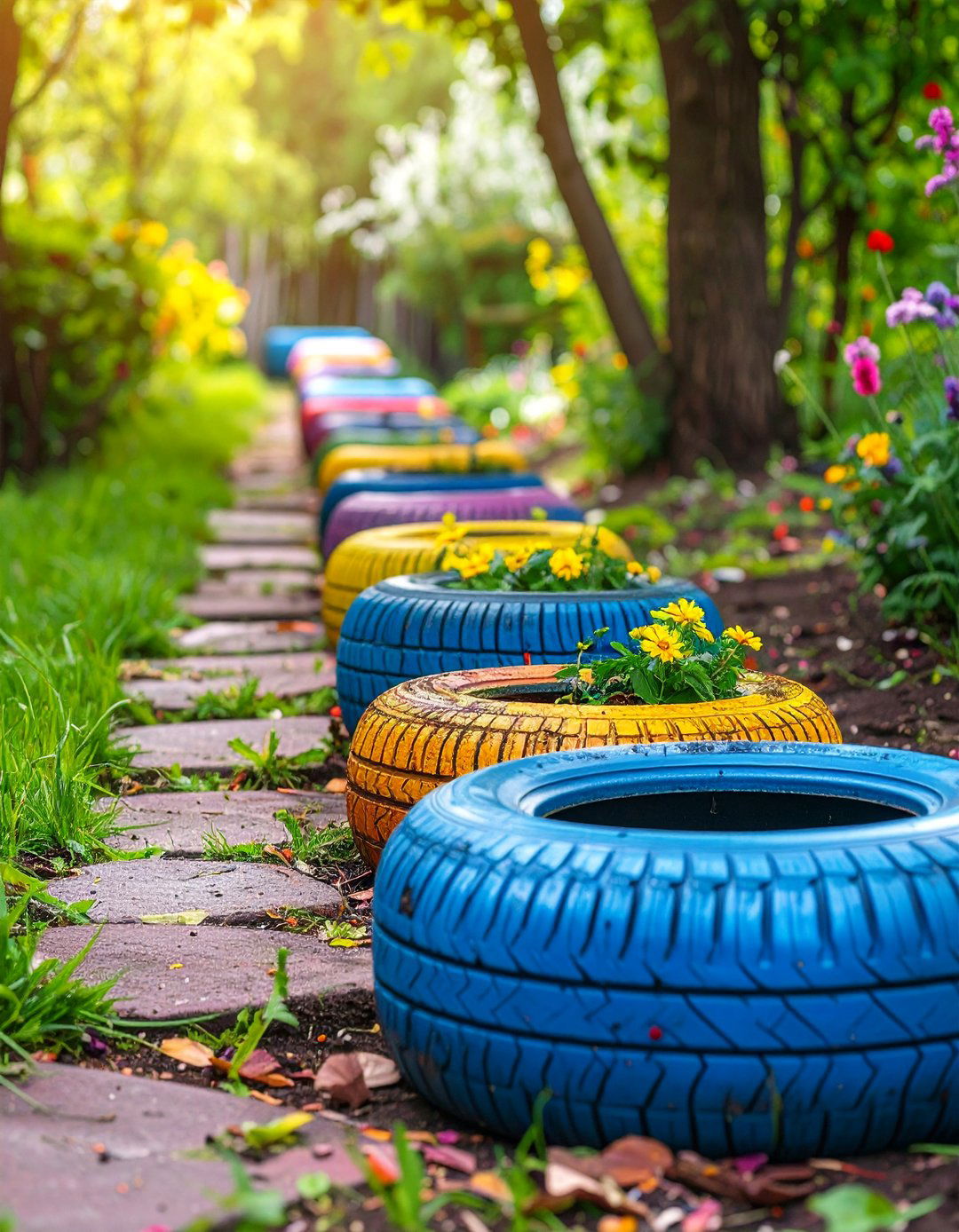 Tire Stepping Stone Pathways - 25 Recycled Tyre Garden Art Ideas