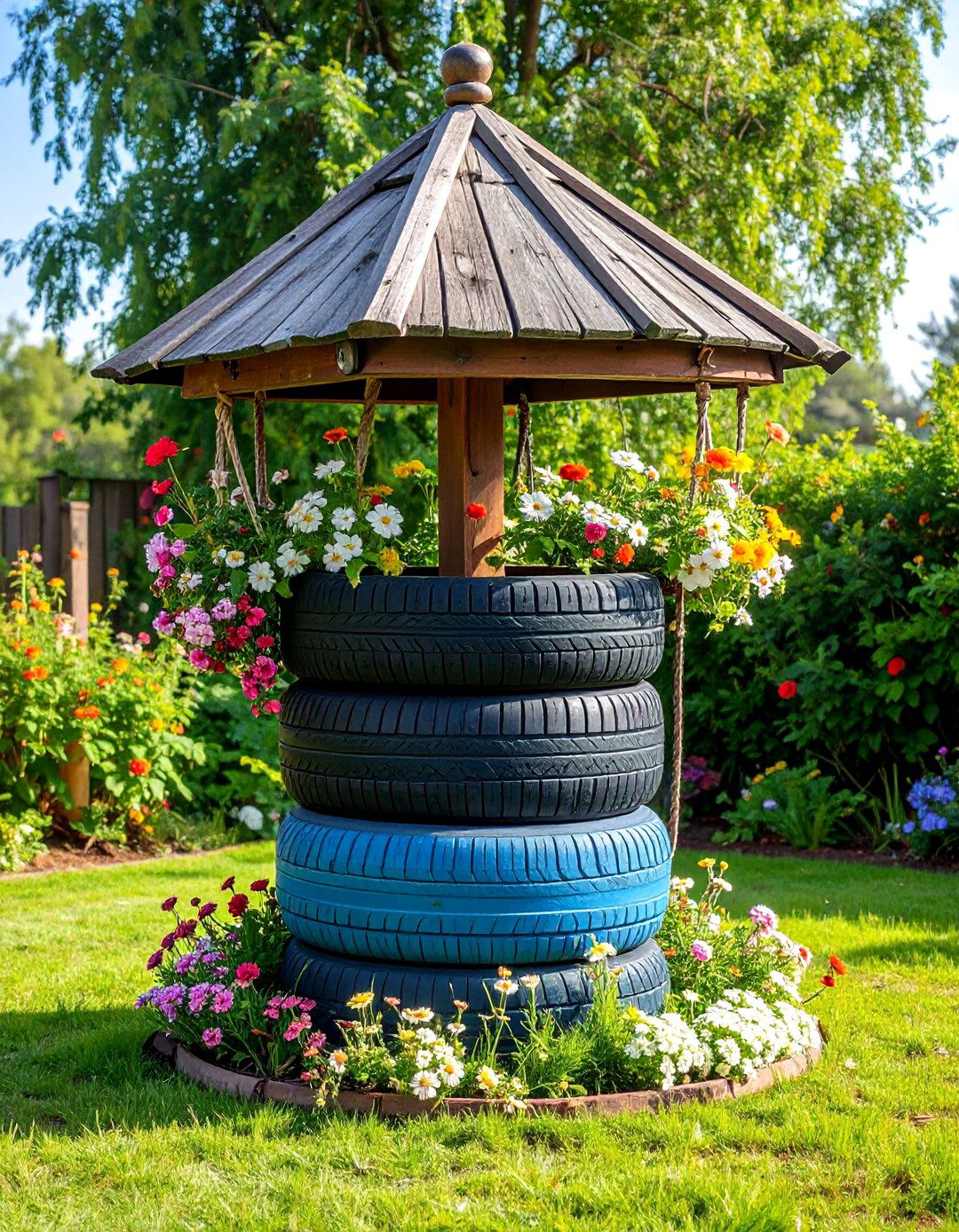 Tire Wishing Well Planters - 25 Recycled Tyre Garden Art Ideas