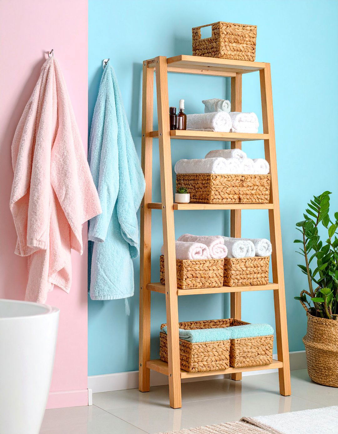 Towel Ladder with Integrated Basket Storage - 25 Bathroom Storage Ideas