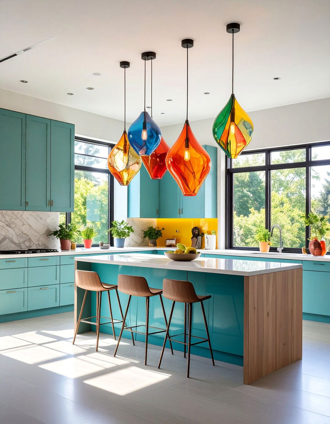 Track Lighting with Art Glass Pendant Features - 25 Kitchen Track Lighting Ideas