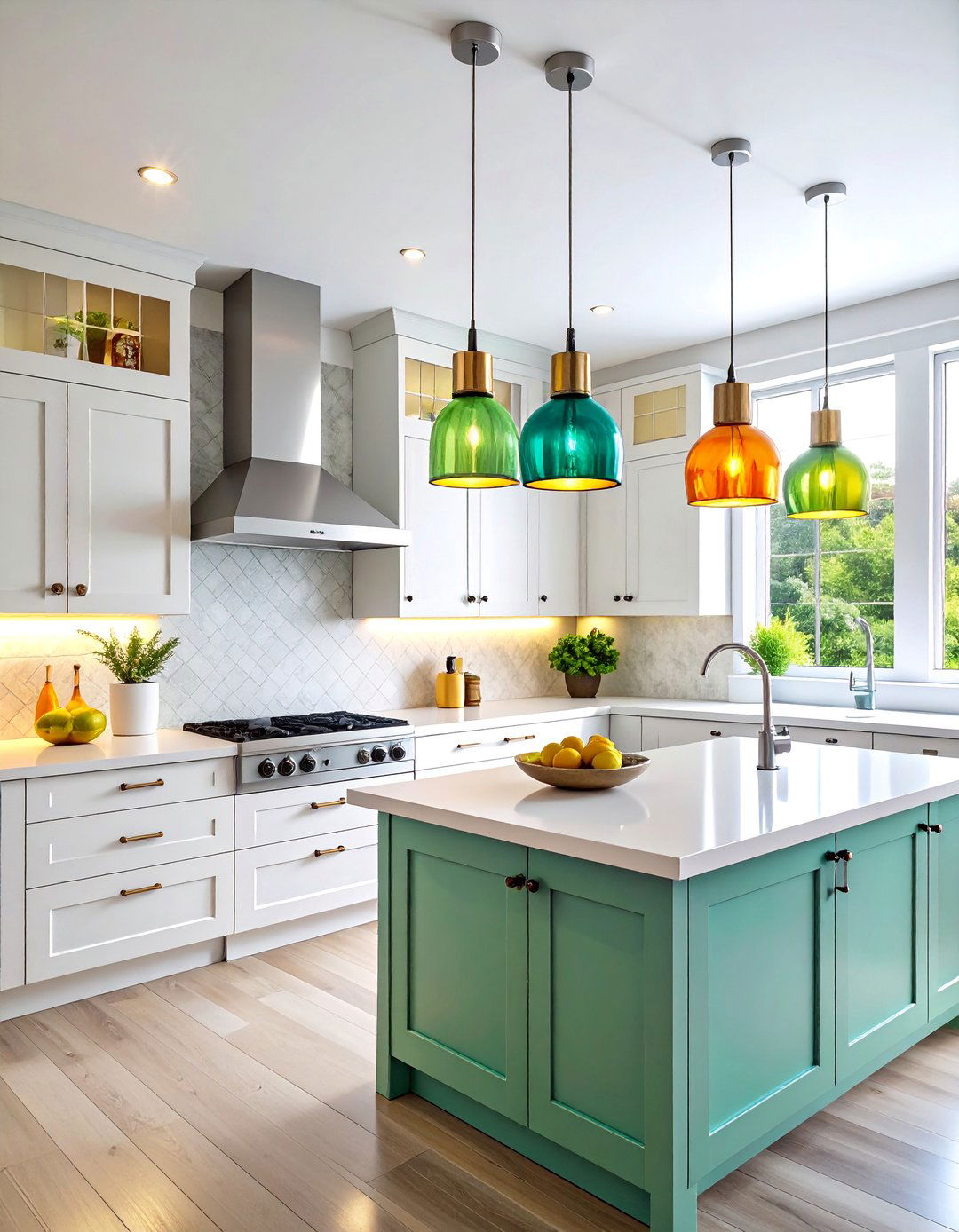 Track Lighting with Colored Glass Pendant Shades - 25 Kitchen Track Lighting Ideas