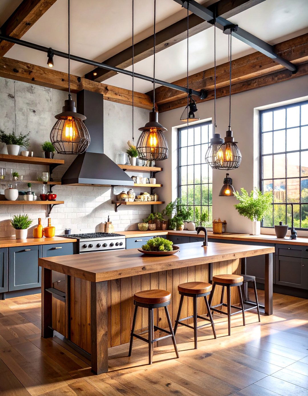 Track Lighting with Vintage Industrial Cage Fixtures - 25 Kitchen Track Lighting Ideas