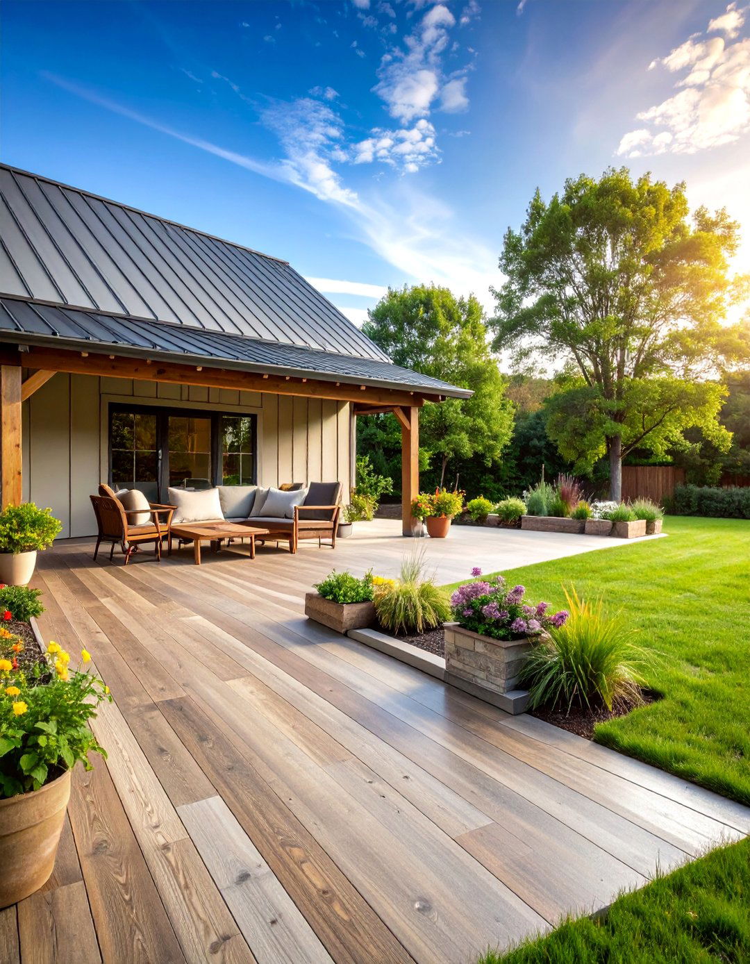 Traditional American Farmhouse with Weathered Textures - 25 Stamped Concrete Patio Ideas