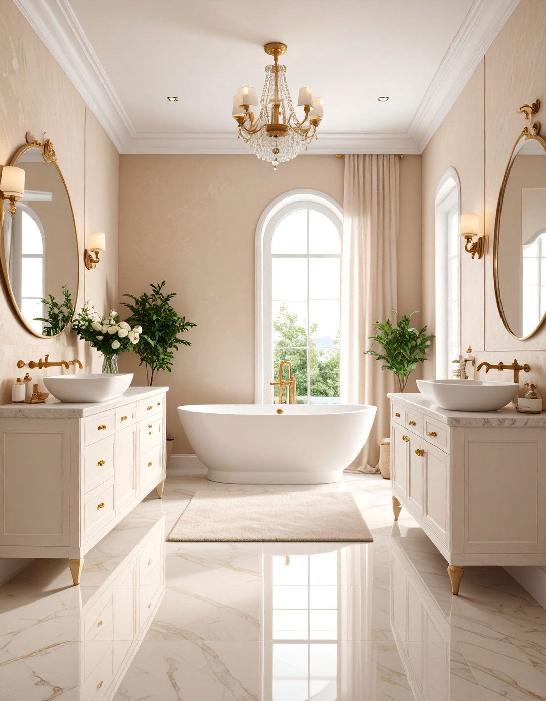 Traditional Bathroom with Beige Wallpaper and White Cabinetry - 25 Beige and White Bathroom Ideas