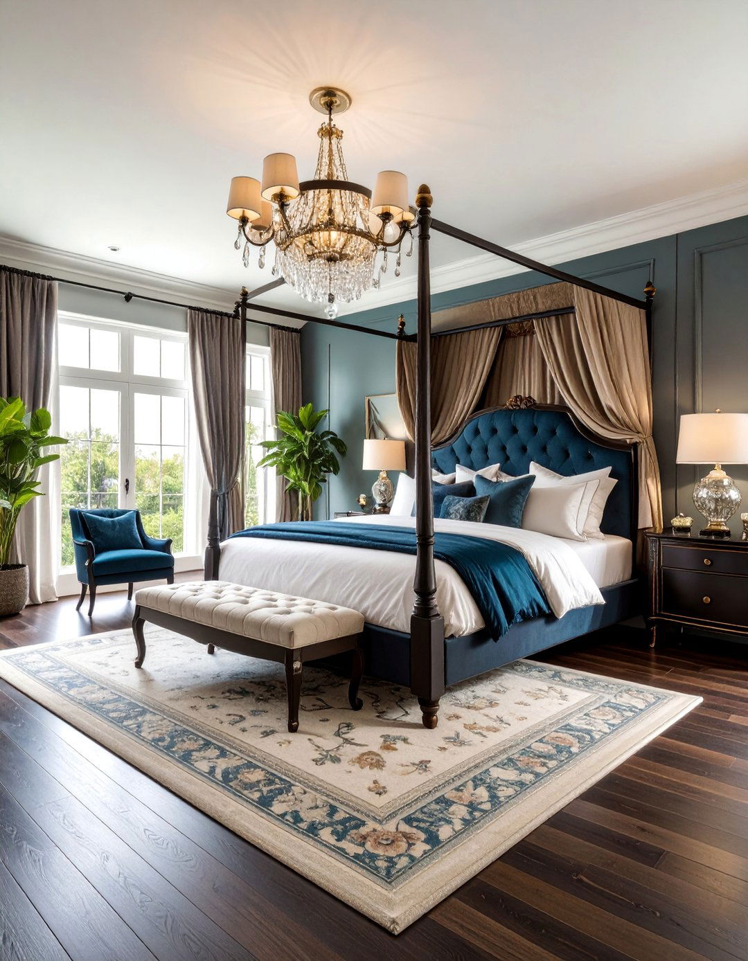 Traditional Bedroom with Black Hardwood Floors and Rich Fabrics - 25 Black Floor Bedroom Ideas
