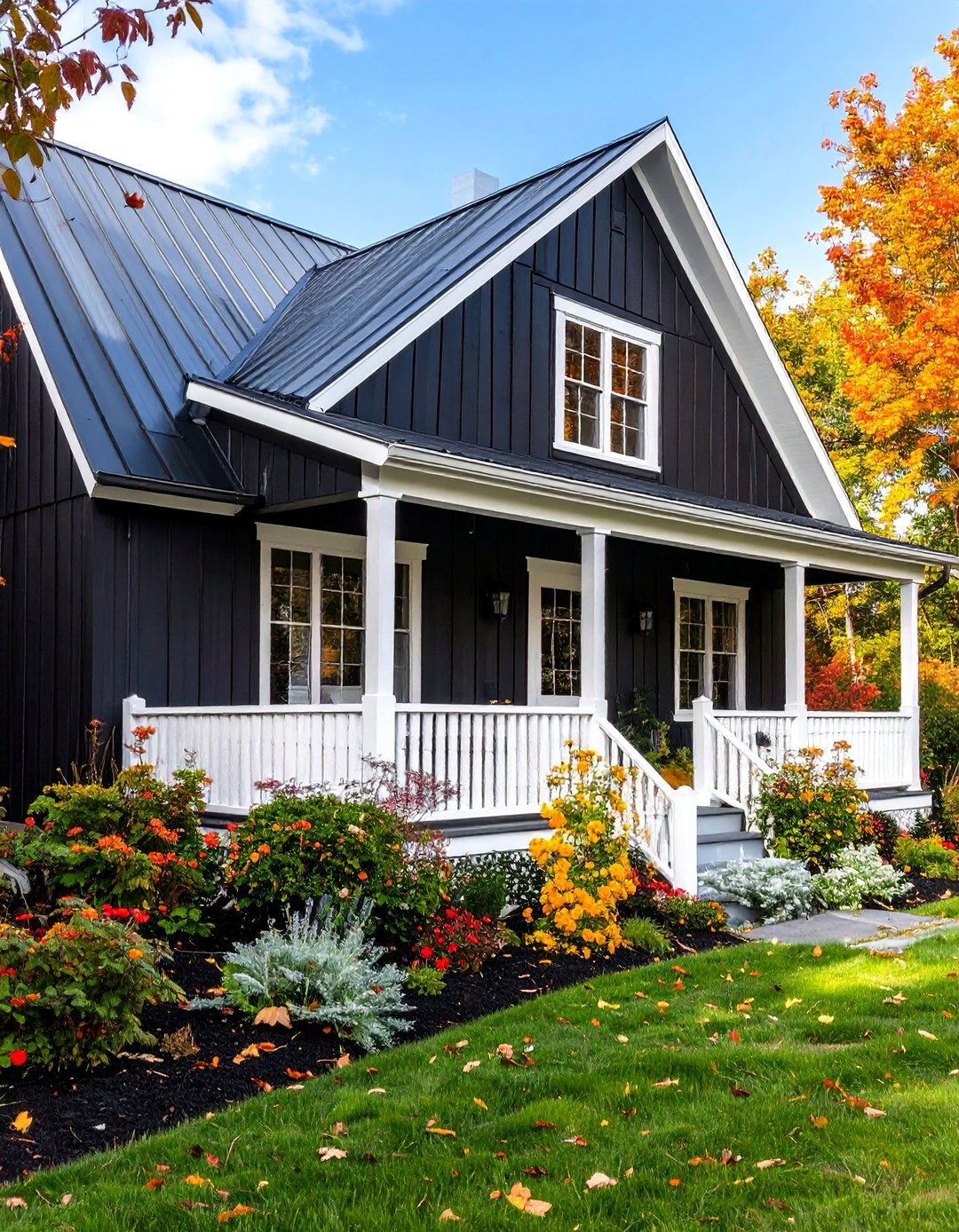 Traditional Black Farmhouse with White Picket Details - 25 Black Modern Farmhouse Exterior Design Ideas