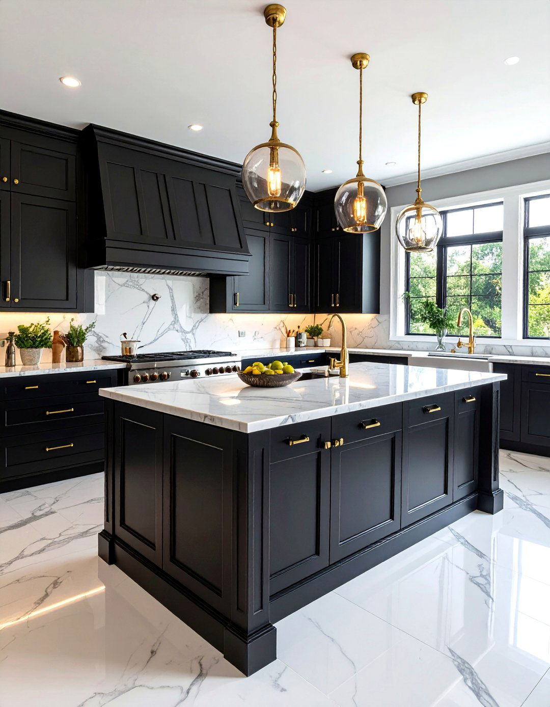 Traditional Black Island with Marble Elegance - 25 Black Kitchen Islands