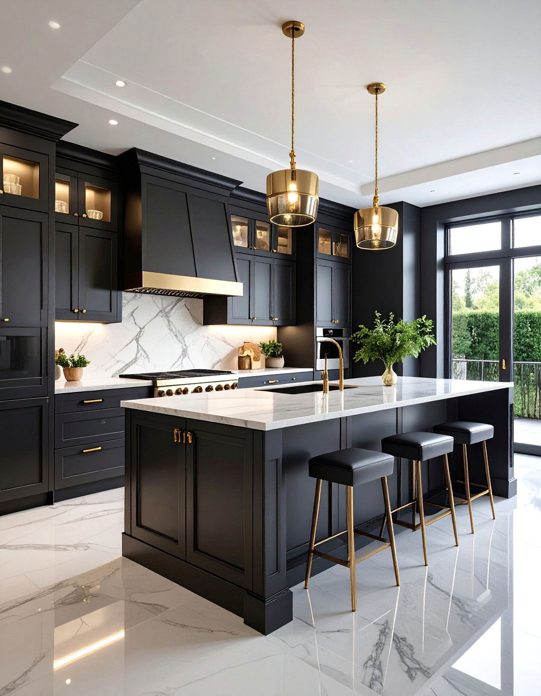 Traditional Black Kitchen with Marble Countertops and Gold Hardware - 25 Kitchens With Black Cabinets