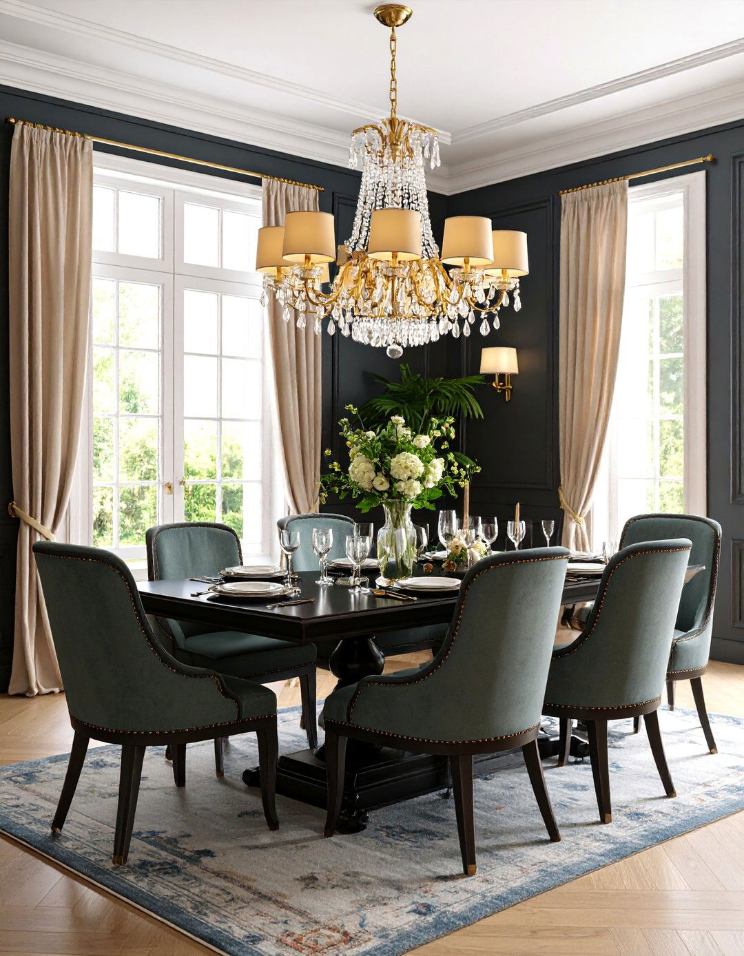 Traditional Black Paneled Wainscoting with Crown Molding - 25 Black Accent Wall Dining Room Ideas