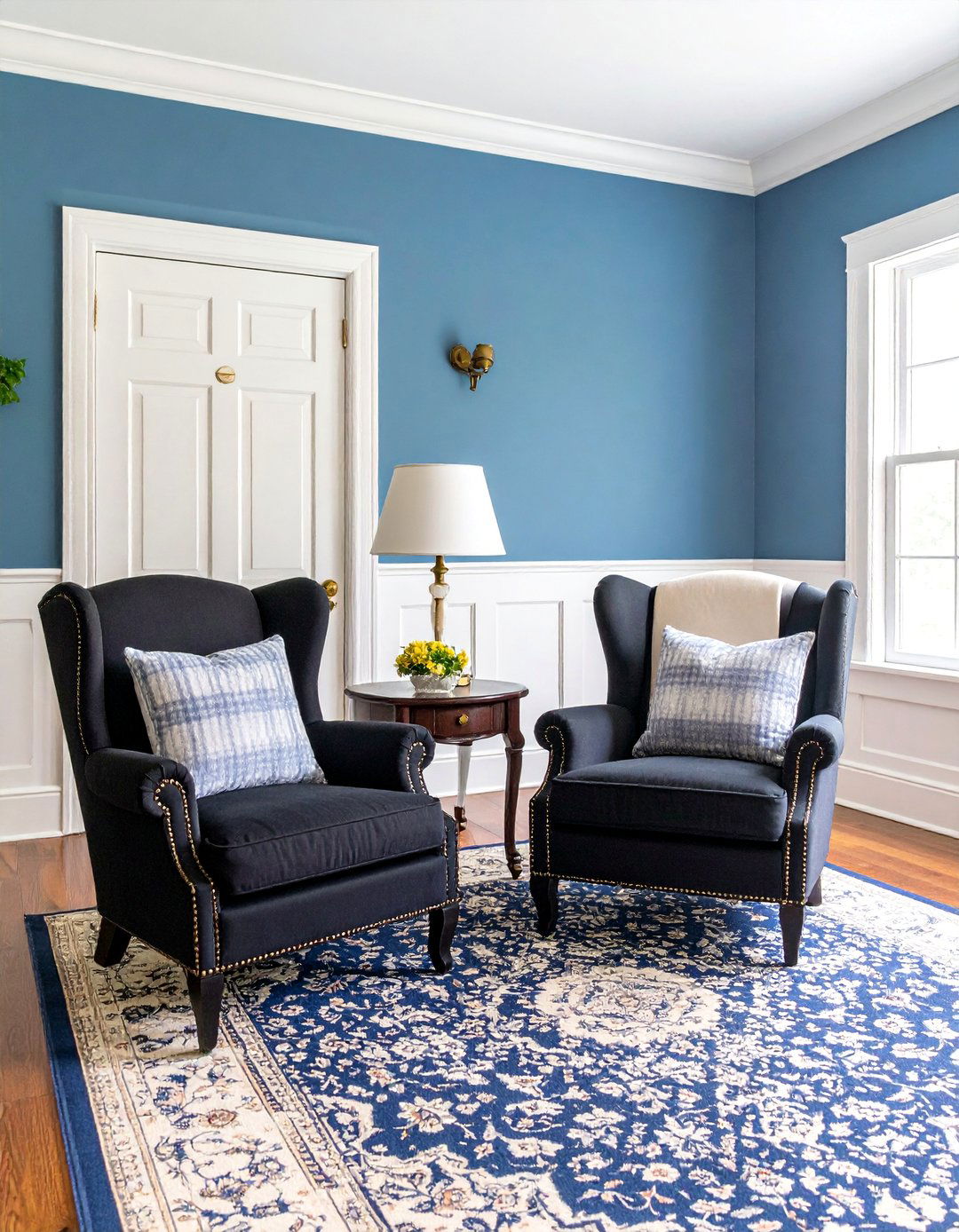 Traditional Black Windsor Chairs with Colonial Blue Walls - 25 Black and Blue Living Room Ideas