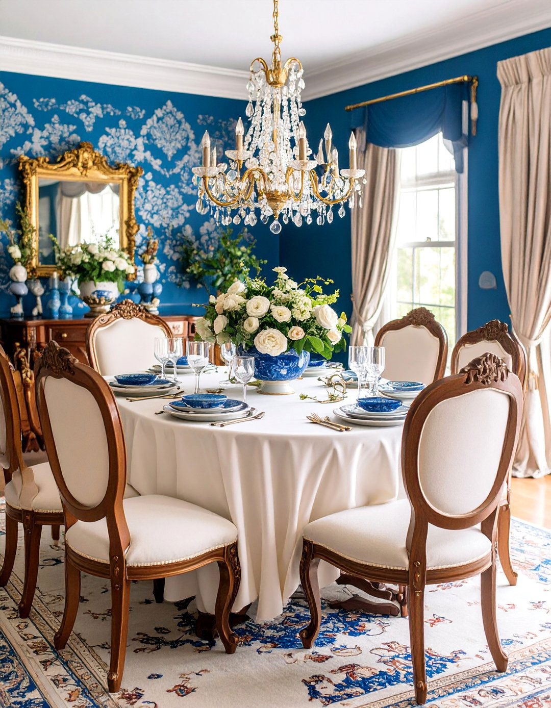 Traditional Blue Damask Formal Dining - 25 Blue and White Decor Ideas