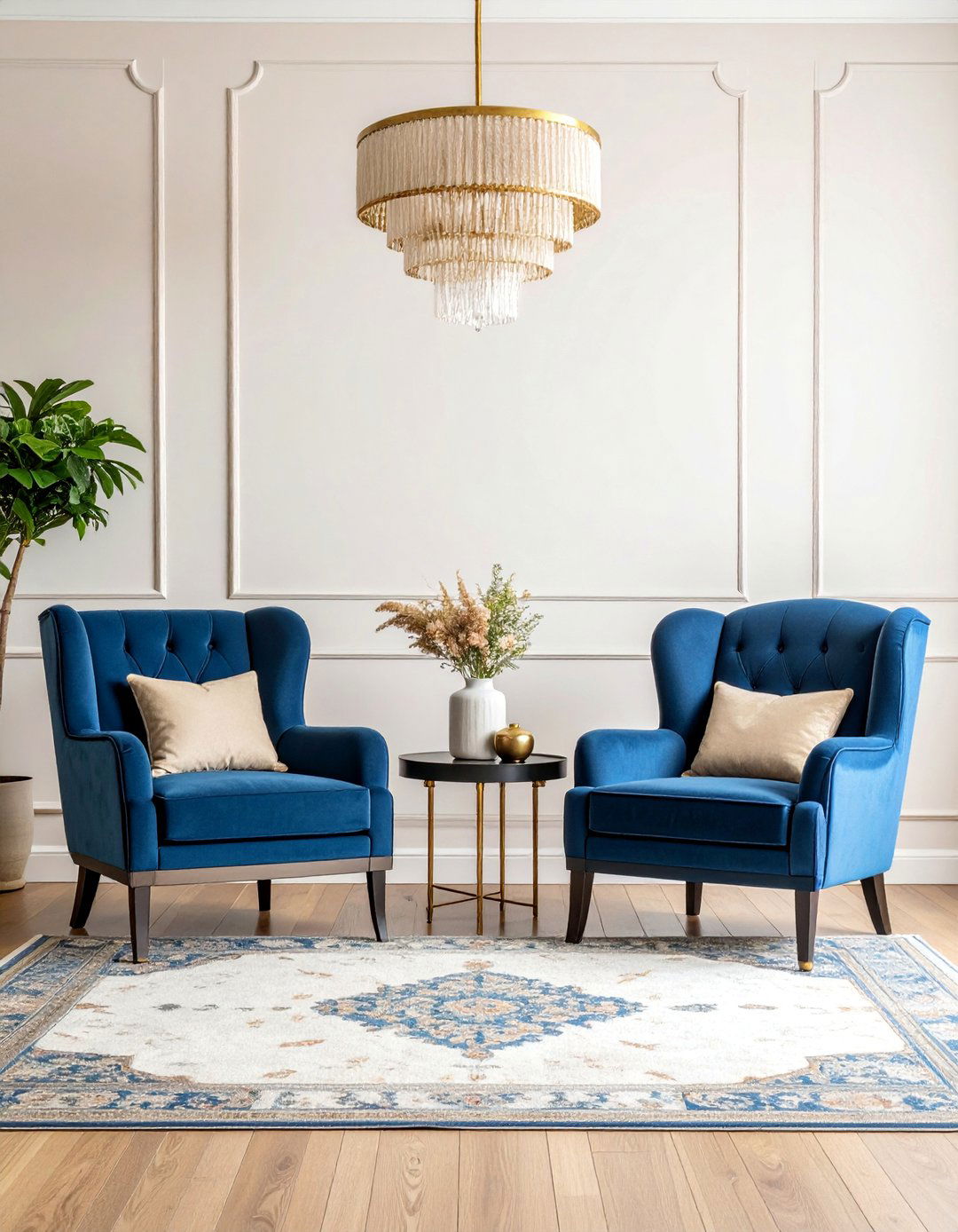 Traditional Blue Damask with Black Wooden Furniture - 25 Black and Blue Living Room Ideas