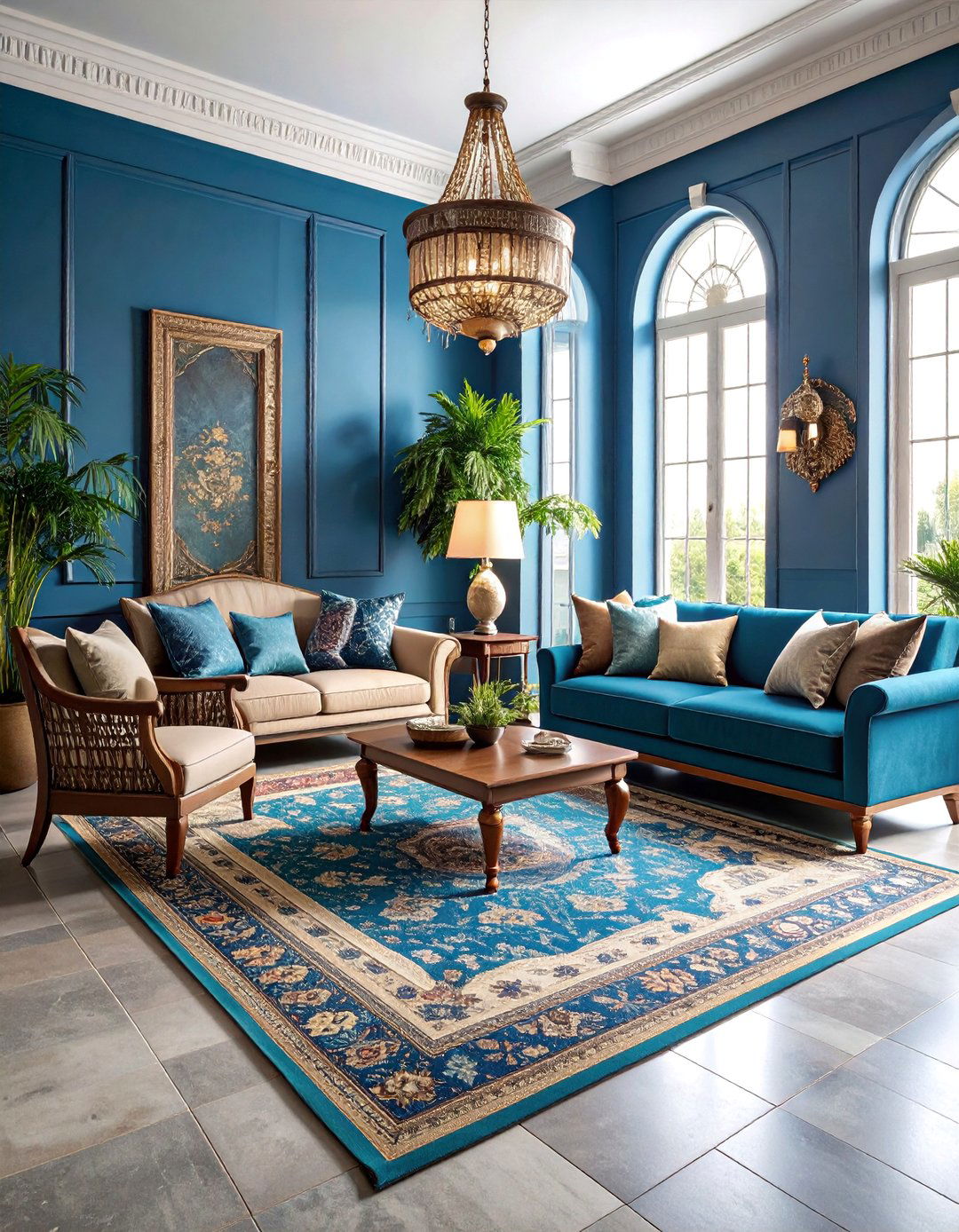 Traditional Blue Living Room with Grey Stone Look Tile Flooring - 25 grey floor living room with blue walls ideas