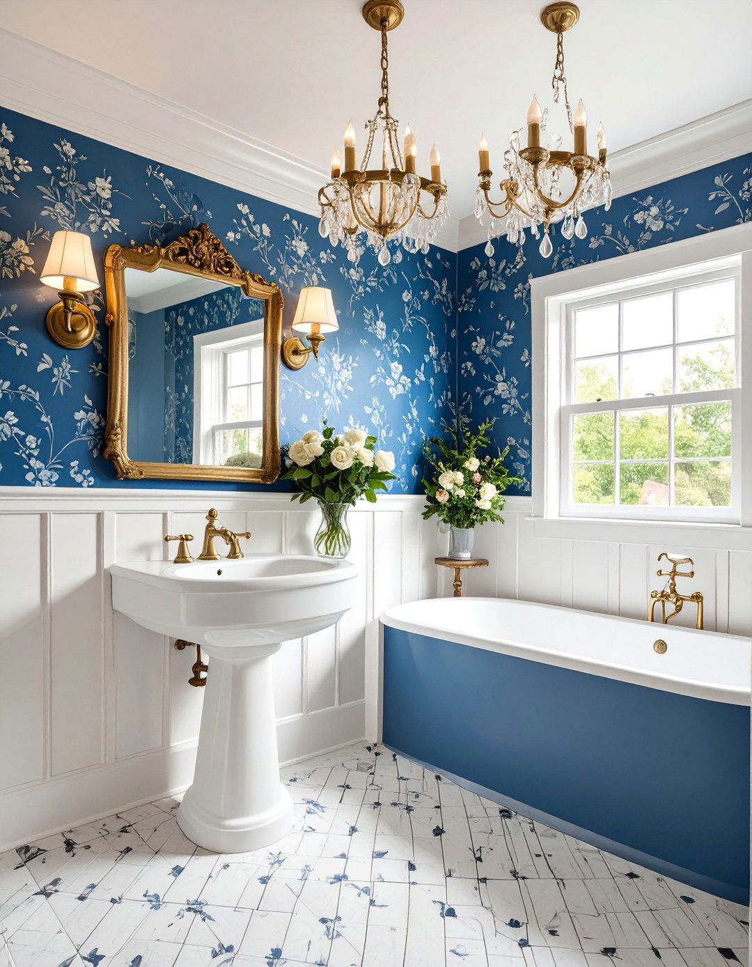Traditional Blue Toile Wallpaper Bathroom - 25 Blue and White Bathroom Ideas