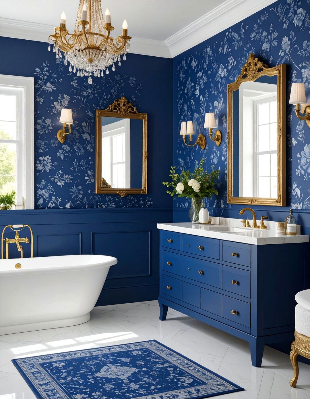Traditional Blue Toile with Gold Accessories - 25 Blue and Gold Bathroom Ideas