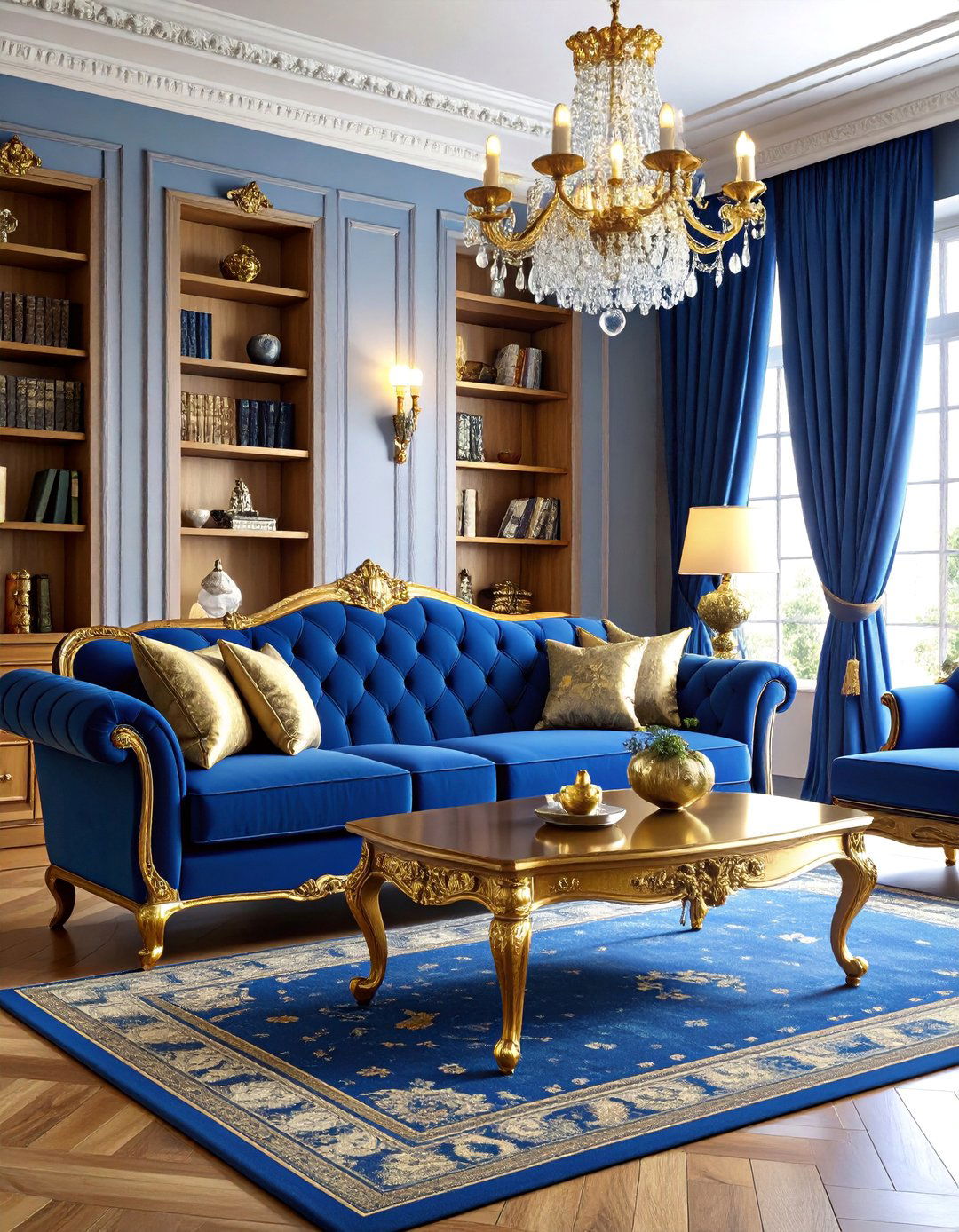 Traditional Blue and Gold Living Room with Rich Fabrics - 25 Blue and Gold Living Room Ideas
