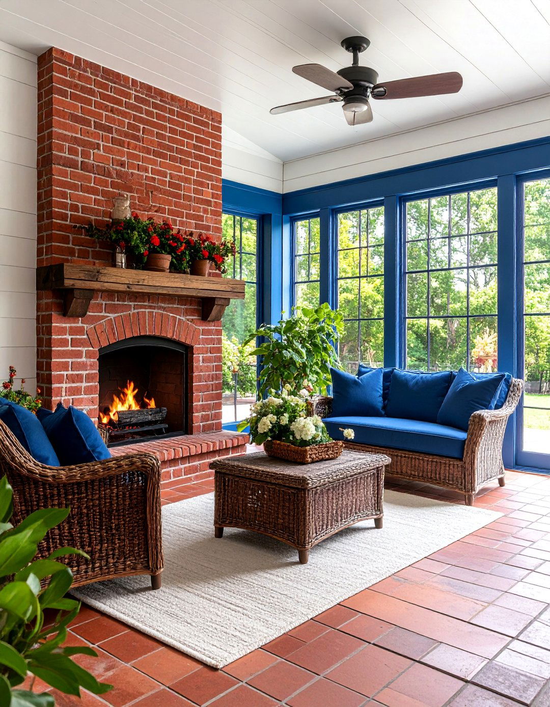 Traditional Brick Fireplace Sunroom with Shiplap Walls - 25 Sunroom With Fireplace