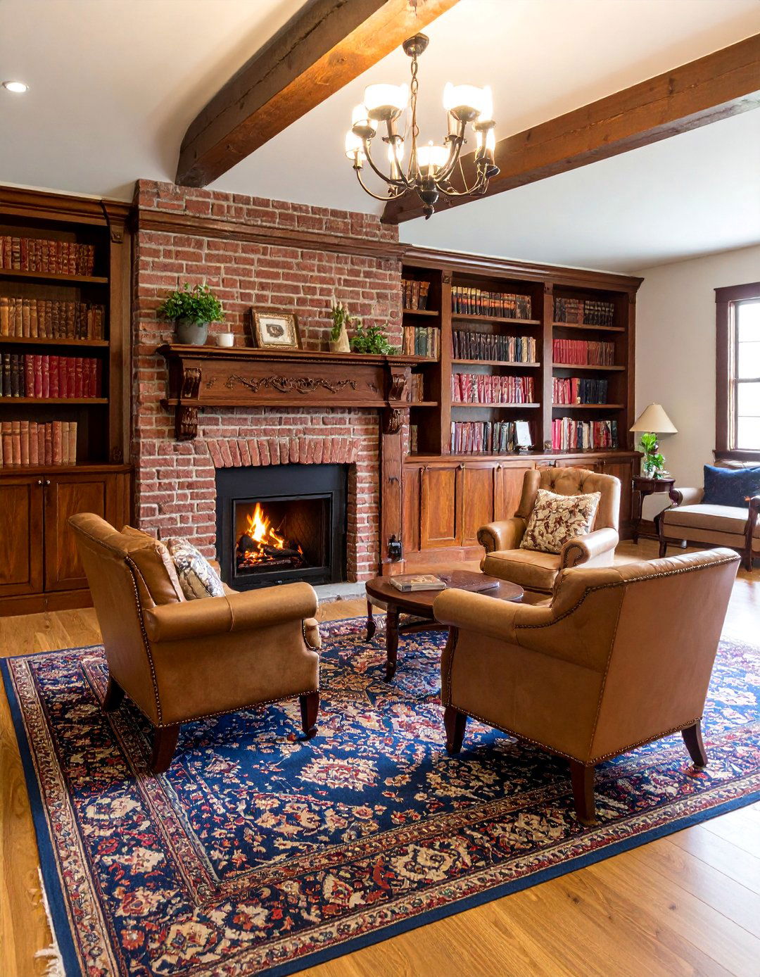 Traditional Brick Fireplace with Custom Built In Bookshelves - 25 Basement Fireplace Ideas