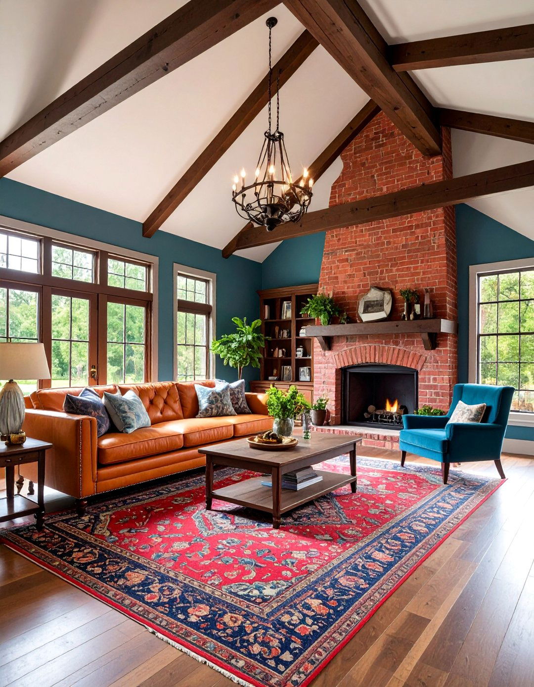 Traditional Brick Fireplace with Custom Wood Cabinetry - 25 Rooms With Fireplaces With Vaulted Ceilings Features