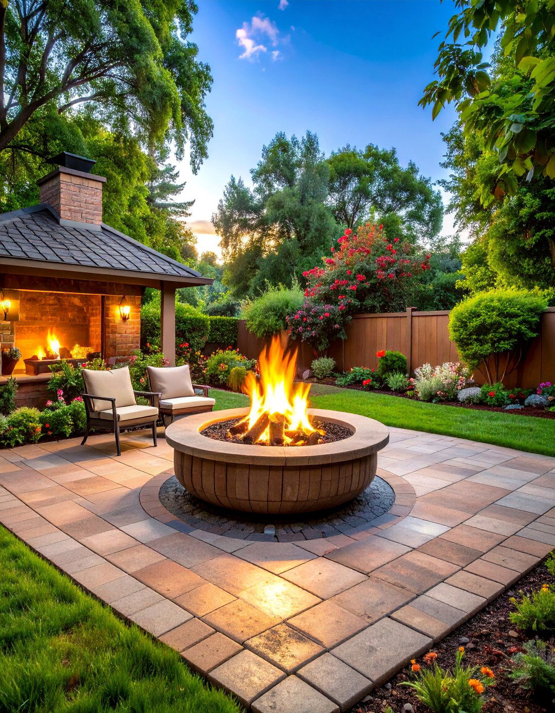 Traditional Brick Style Paver Patio with Classic Fire Bowl - 25 Concrete Paver Patio Fire Pit Ideas