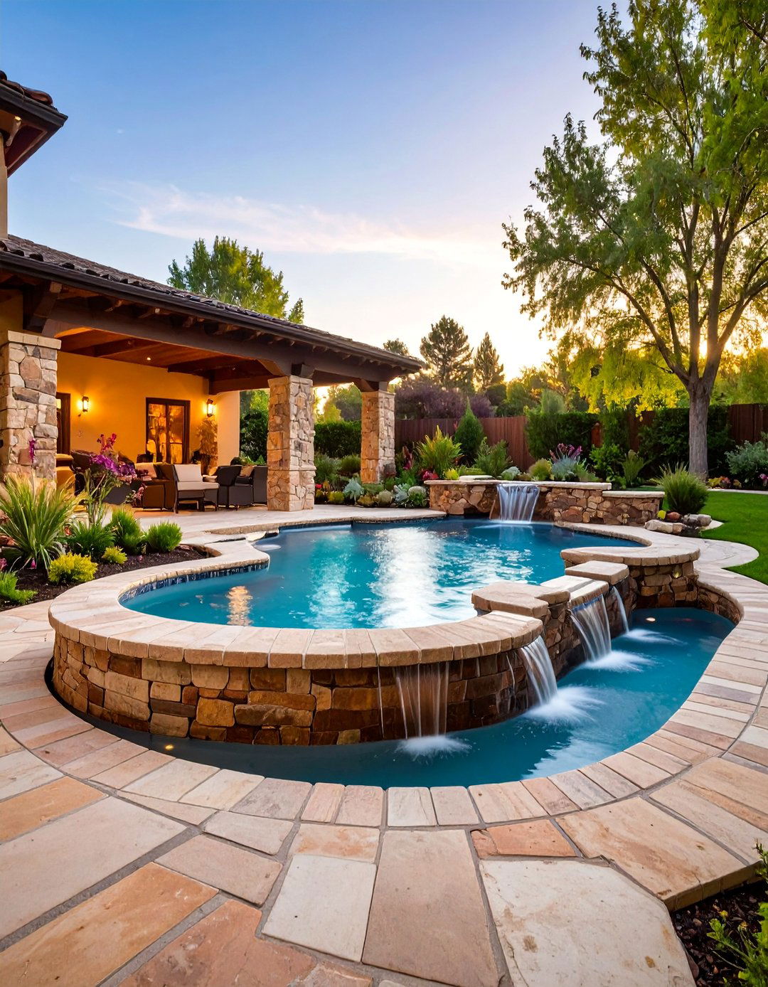 Traditional Brick and Stone Spa Design - 25 Rectangle Pool With Hot Tub