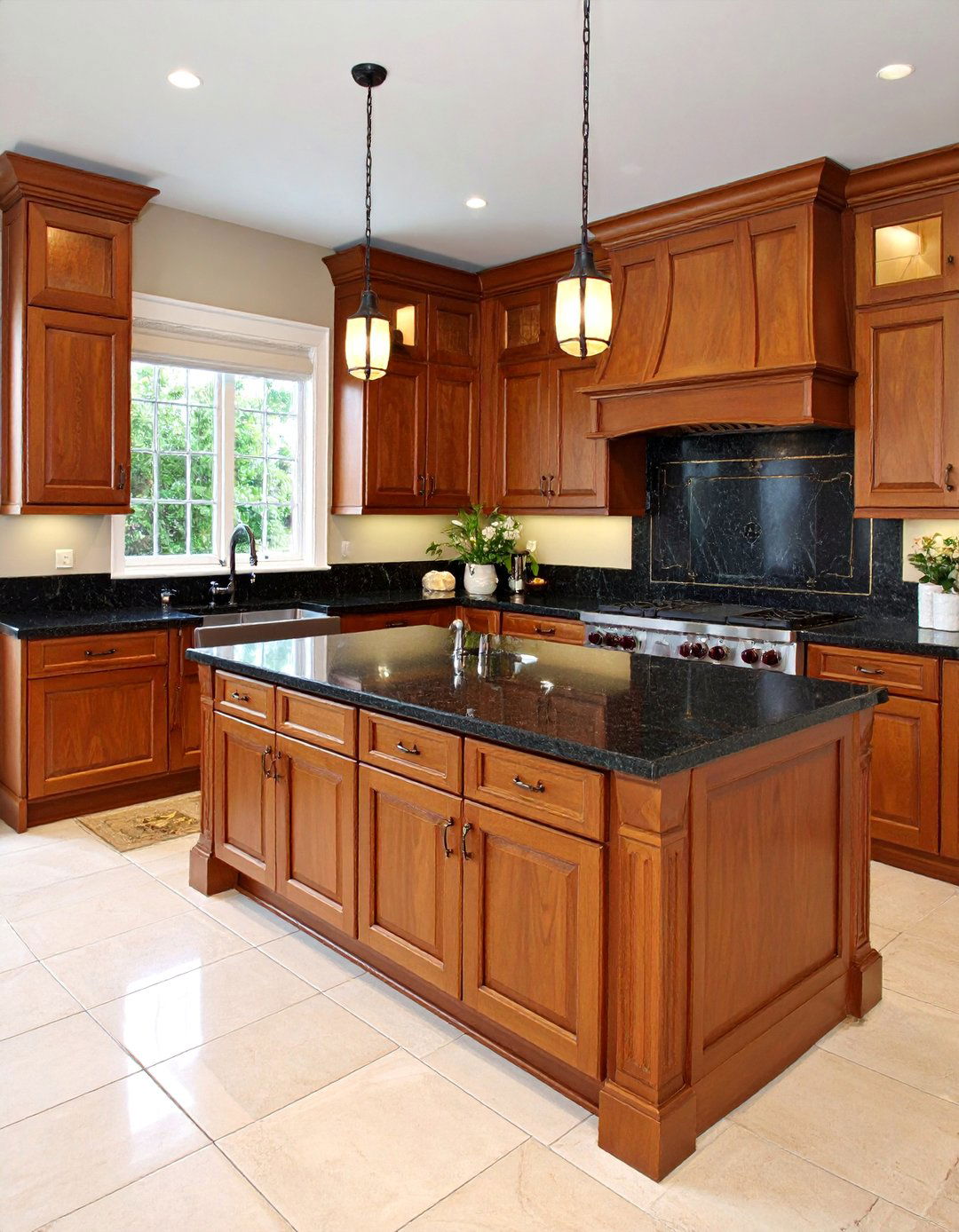 Traditional Brown Kitchen with Black Granite Backsplash - 25 Black and Brown Kitchen Ideas