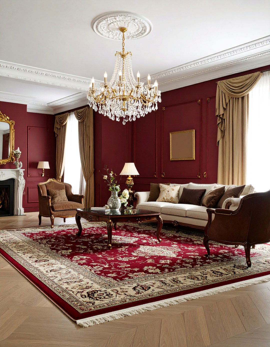 Traditional Burgundy Living Room with Rich Textures - 25 Burgundy Living Room Ideas