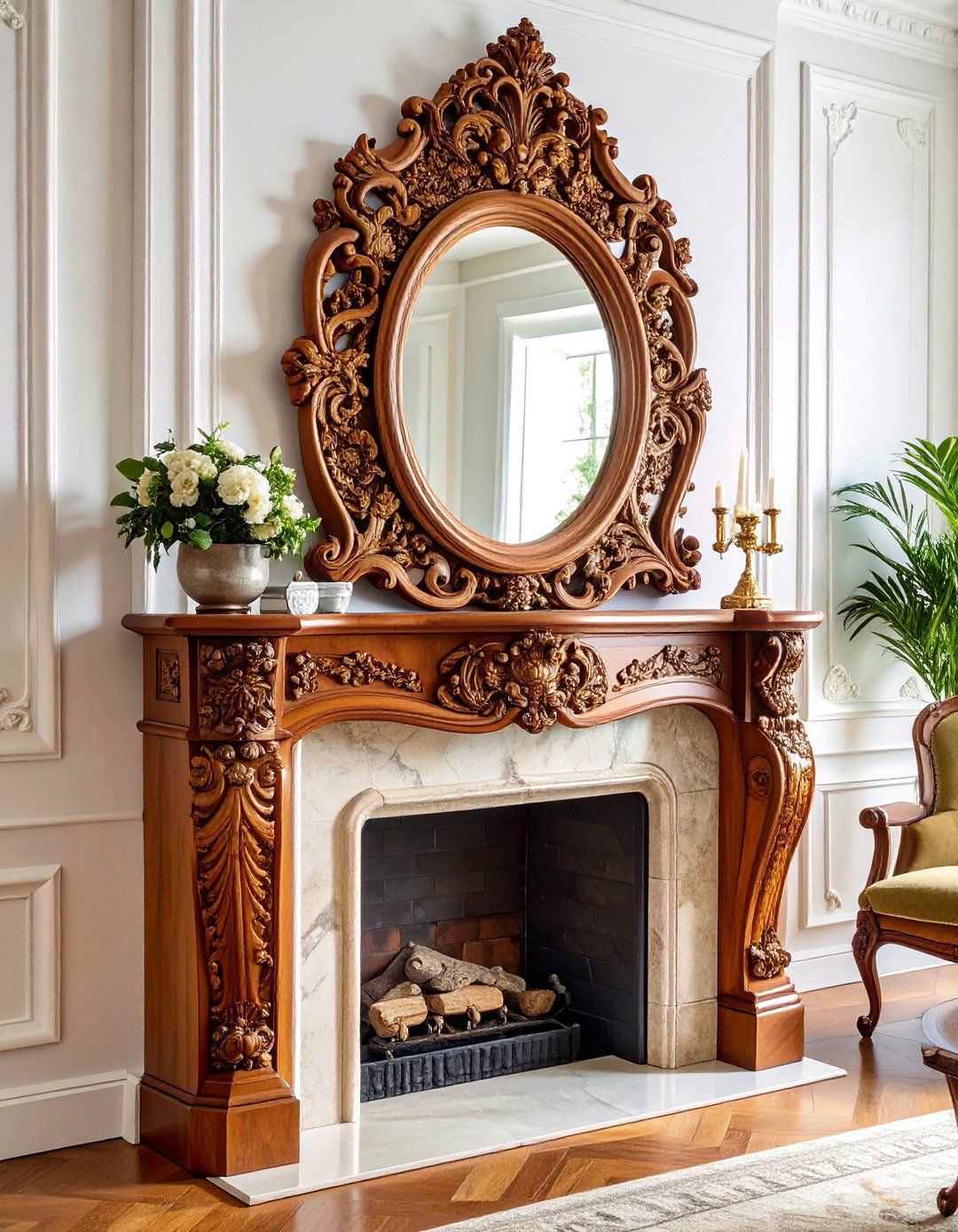 Traditional Carved Wood Mirror with Rich Mahogany - 25 Mirror Over Fireplace Ideas