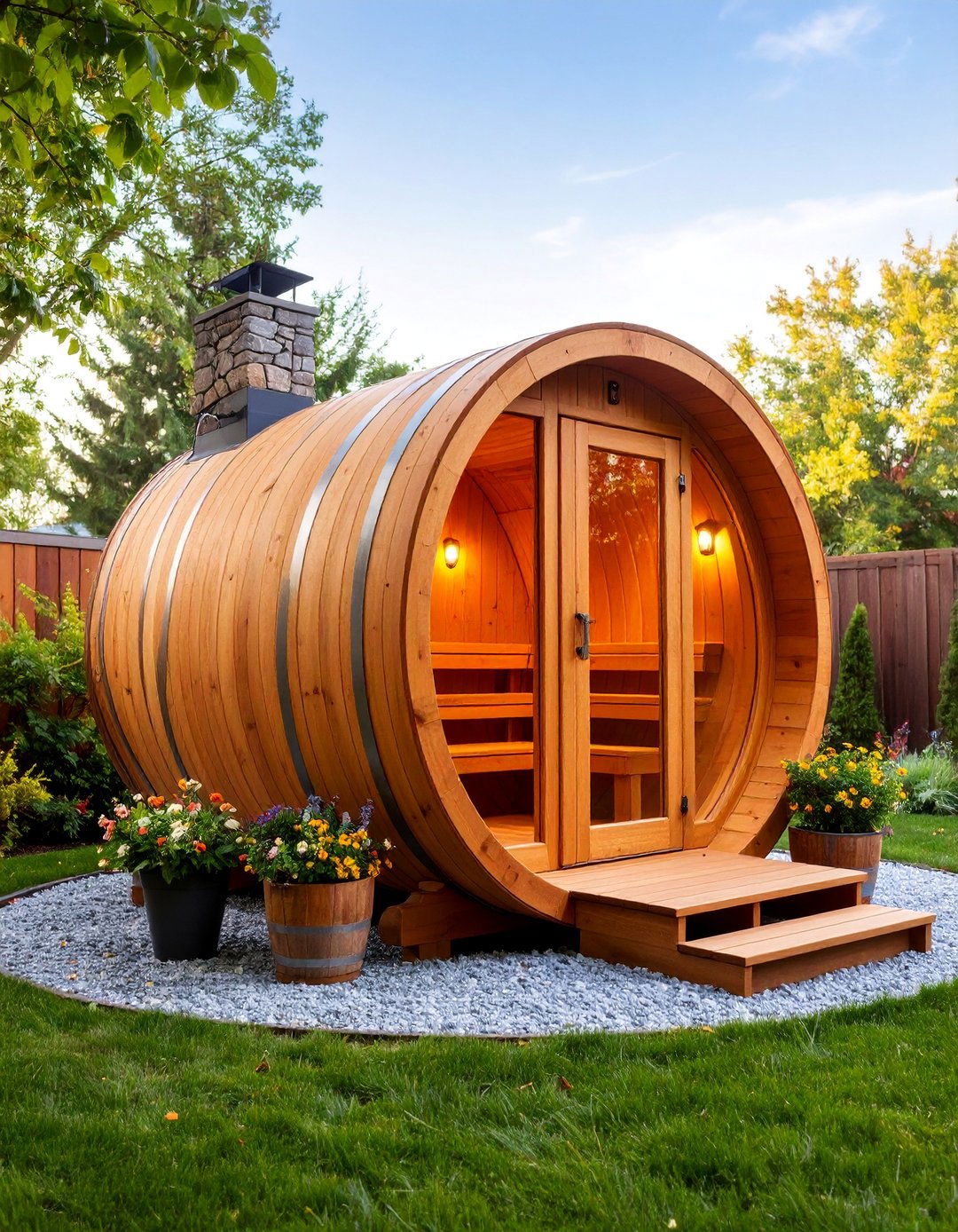 Traditional Cedar Barrel Sauna with Wood Burning Stove - 25 Outdoor Sauna Ideas