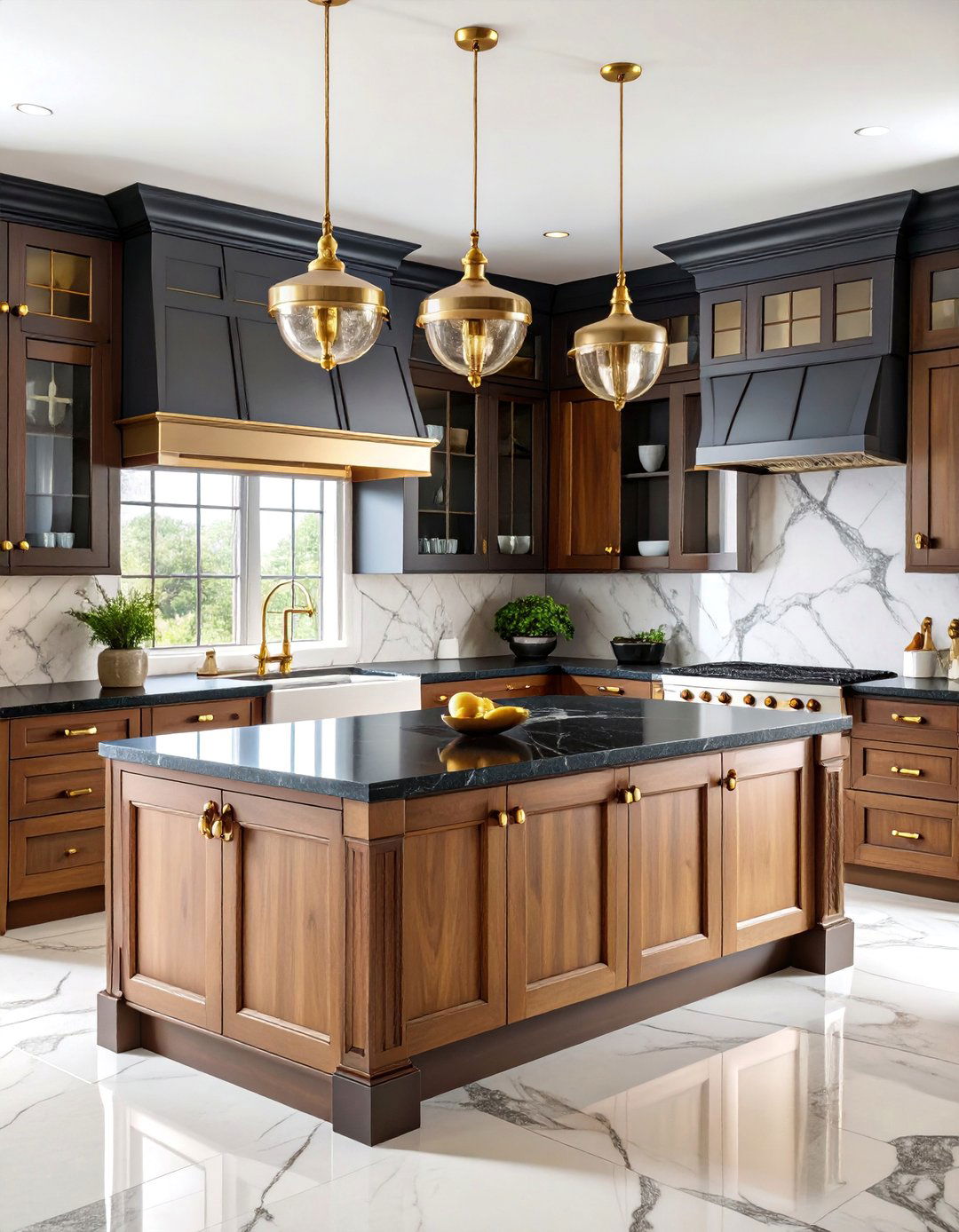 Traditional Cherry Kitchen with Black Marble Elegance - 25 kitchen with brown cabinets and black countertops ideas