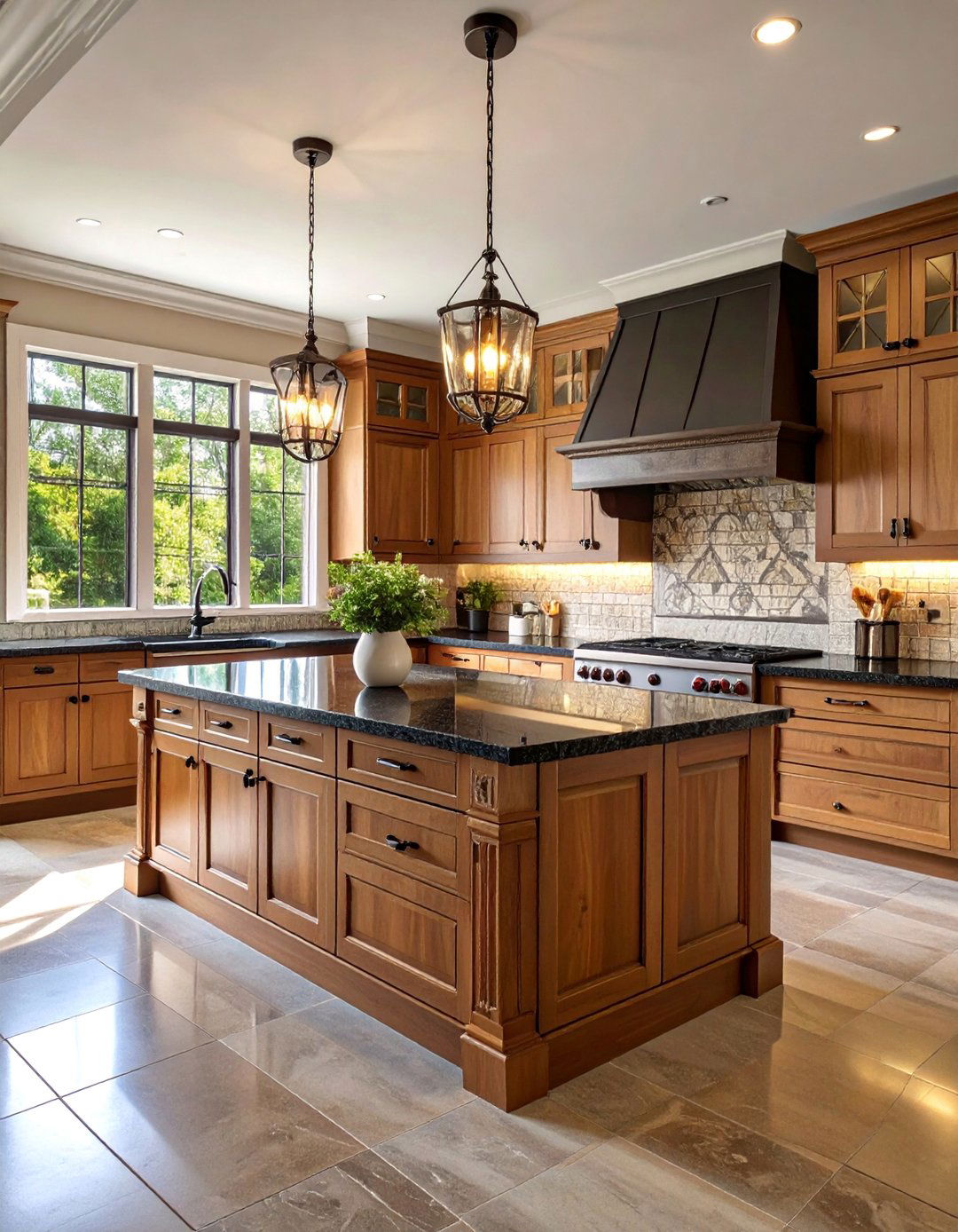Traditional Cherry Wood and Black Granite Kitchen - 25 Black Granite Countertops Kitchen Ideas