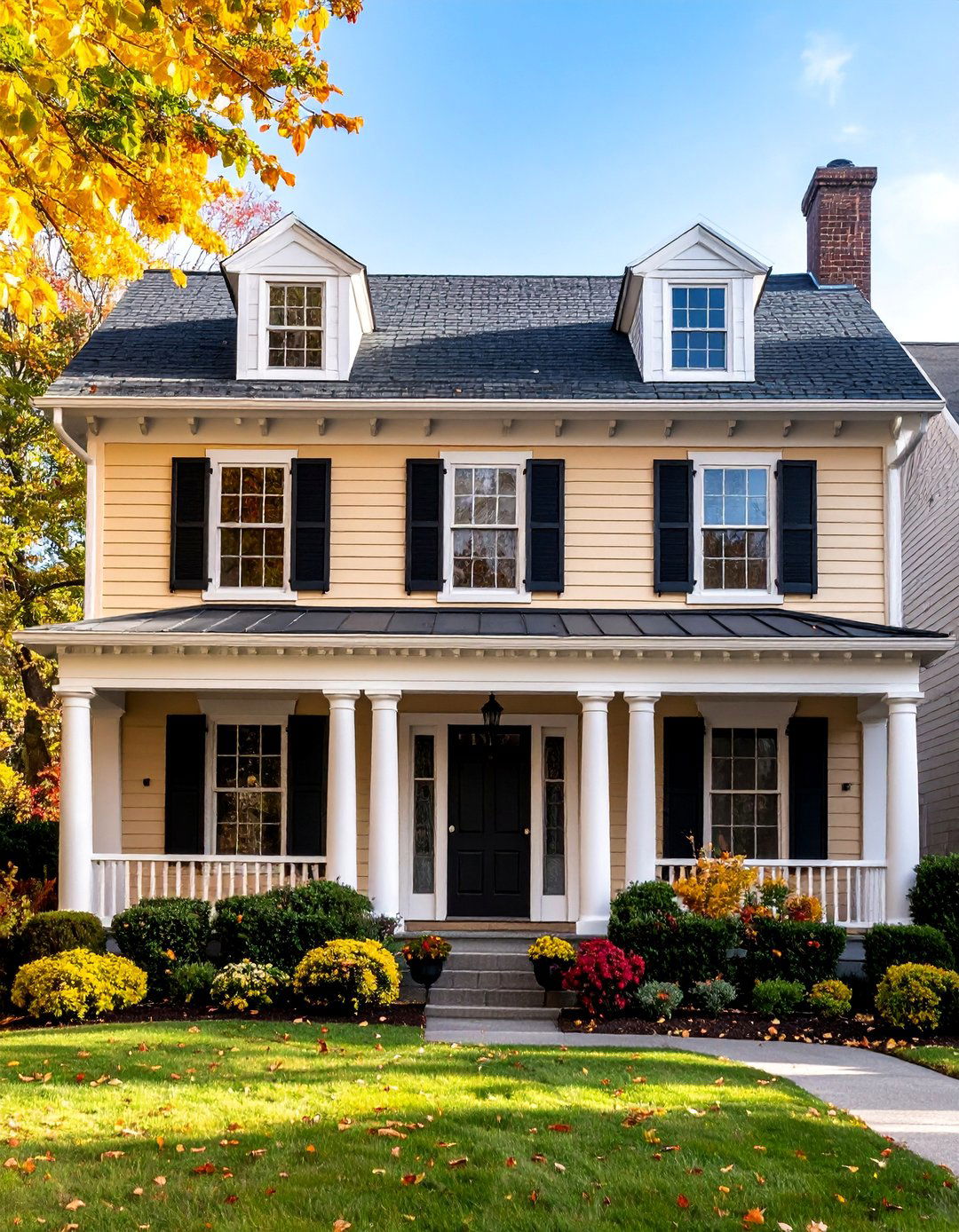 Traditional Colonial Beige Brick with White Trim - 25 Beige Brick Exterior Home Ideas