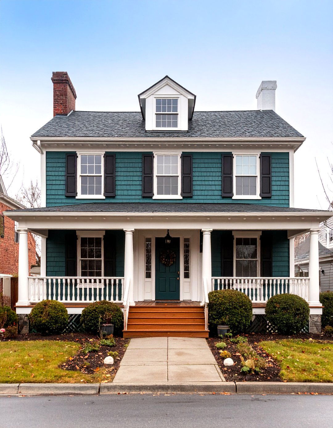 Traditional Colonial Green Brick with White Trim - 25 Green Brick Exterior Home Ideas